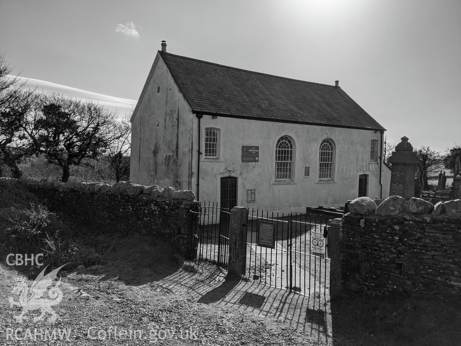 Gellionnen Unitarian Chapel. Wide angle from north east with gates. Black and white Taken by Meilyr Powel.