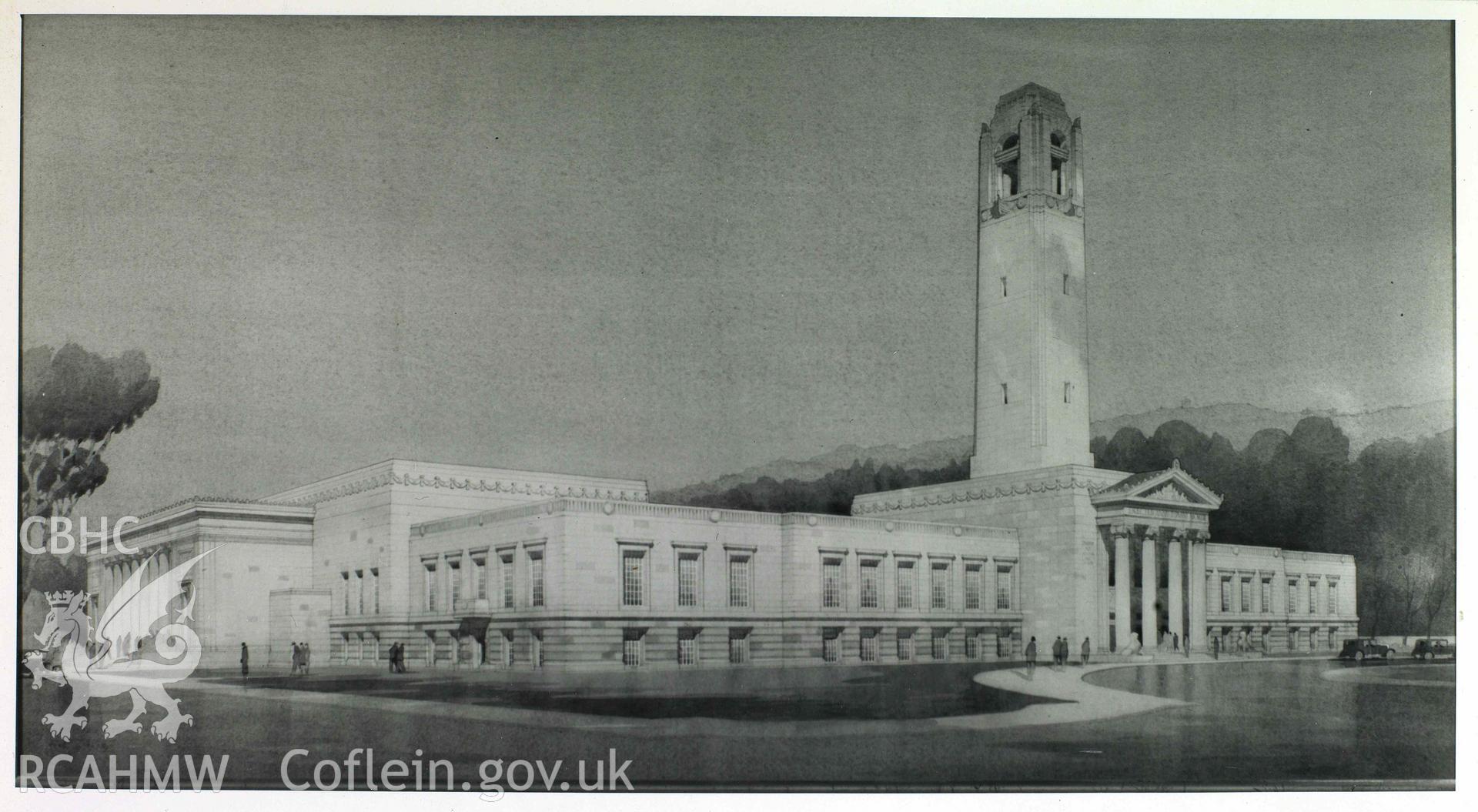 Digital copy of a loose photo in front of album 'Photographs of Work by Percy Thomas. Vol. 1: Swansea Civic Centre’ of Swansea Guildhall exterior from main frontage with tower by Stewart Bale. Undated.