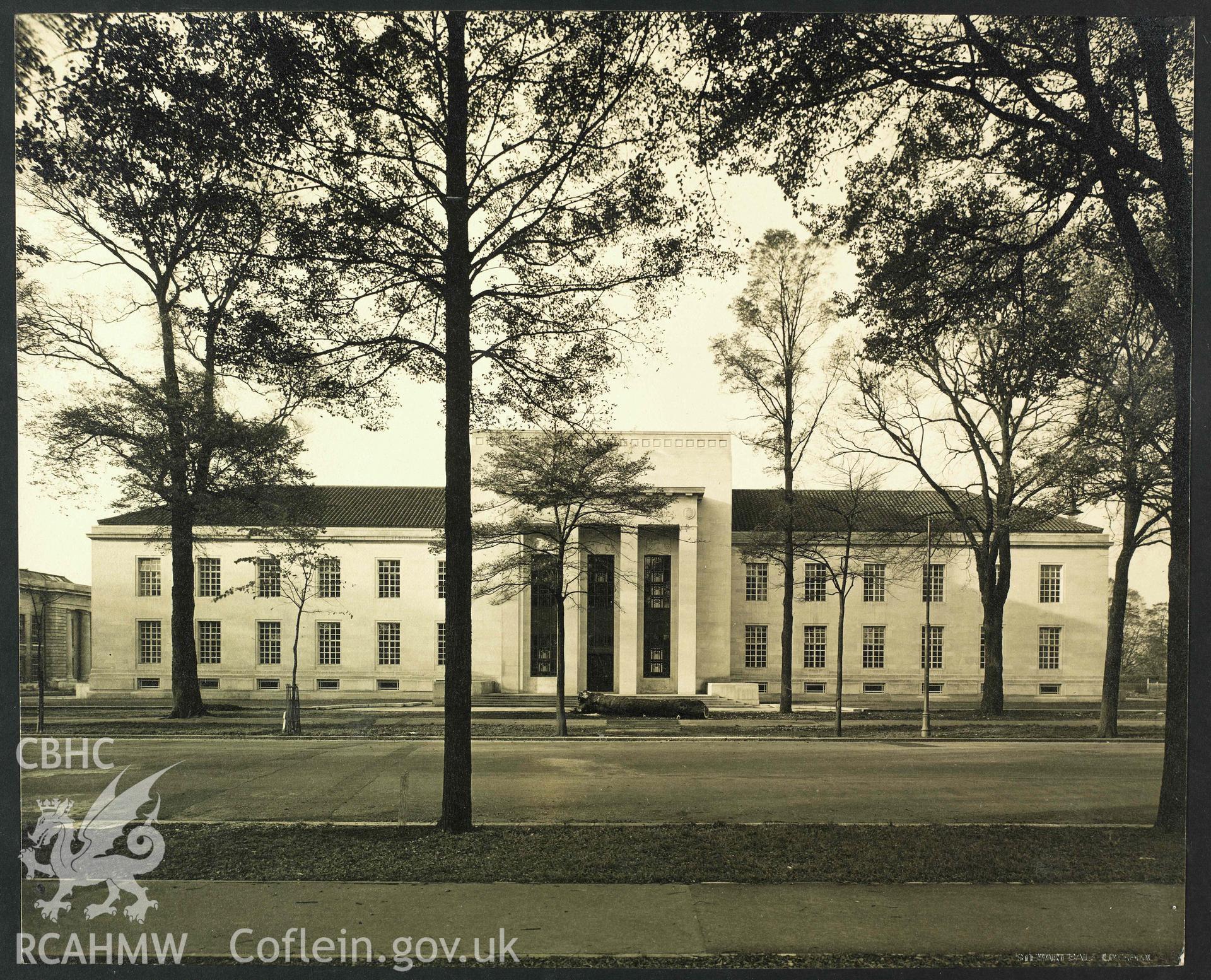 Copy of photograph of the exterior of Temple of Peace, Cardiff by Stewart Bale. From an album, entitled 'Photographs of Work by Percy Thomas. Vol. 4. Undated.