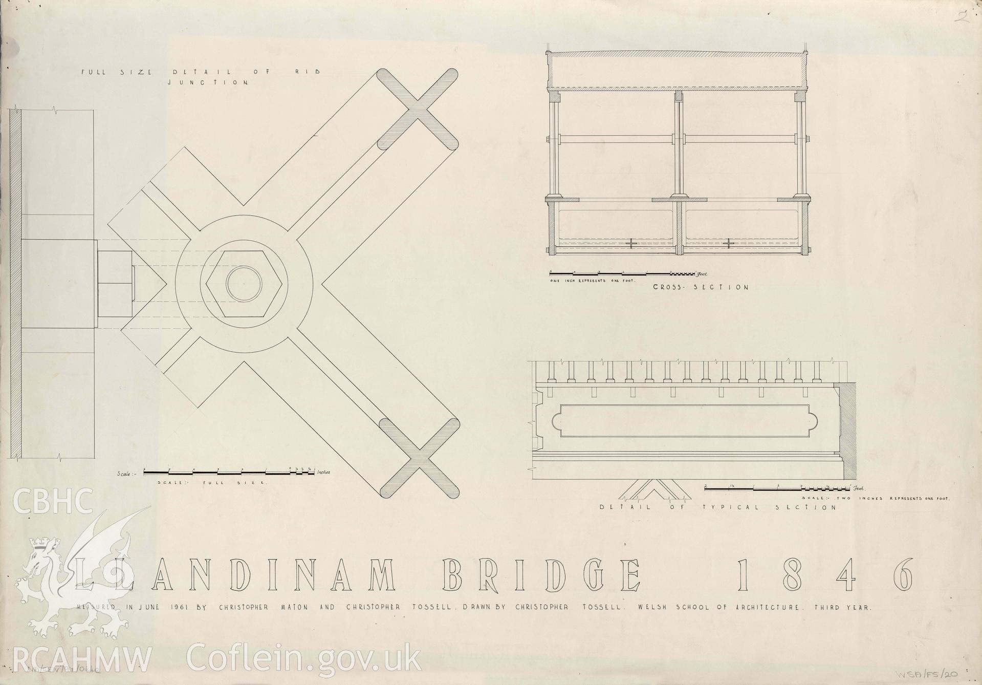Digial copy of measured drawing showing cross section and detail of section and rib junction of Llandinam Bridge, produced by Christopher Tossell, June 1961.
