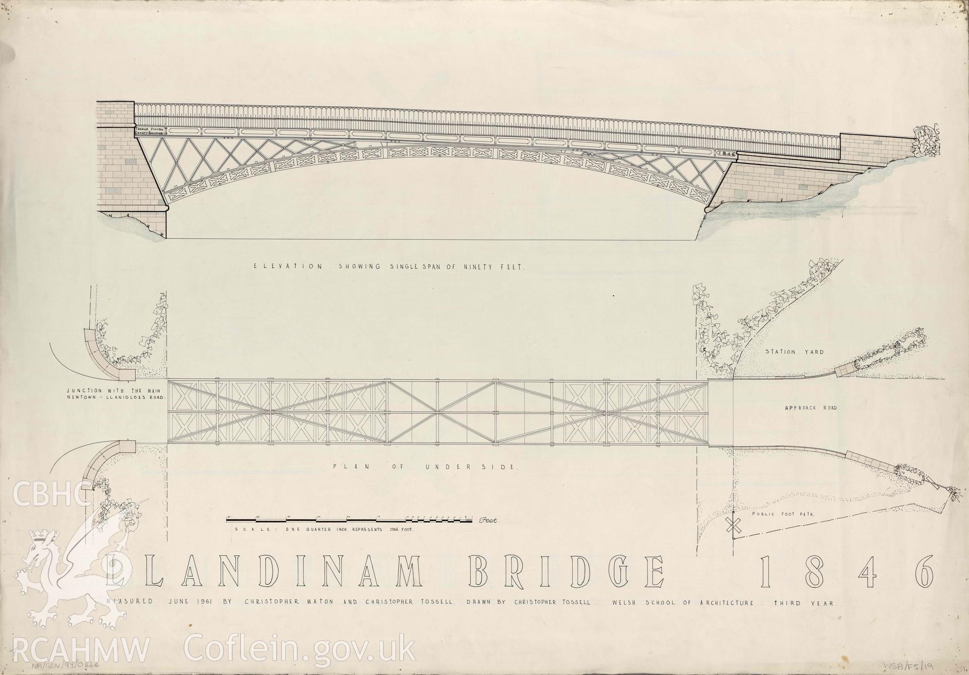 Measured drawing showing elevation and plan of underside of Llandinam Bridge, produced by Christopher Tossell, June 1961.