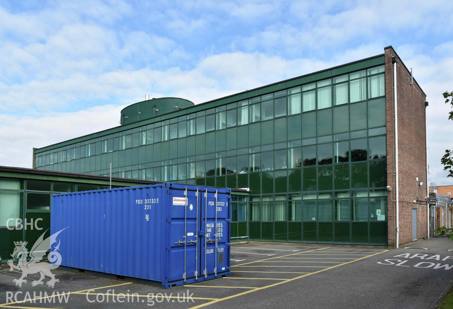 Digital colour photograph showing Caernarfonshire Technical College; the admin block from the north-west, taken by Susan Fielding of RCAHMW 7 May 2019.