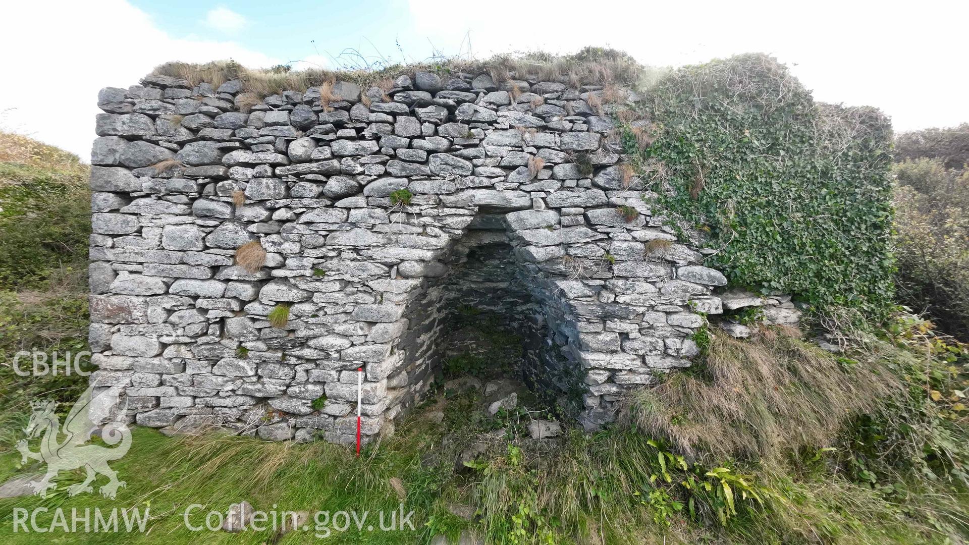 Digital colour photograph showing Craiglas Lime Kilns - lime Kiln 2, north-west (seaward) facing elevation, overall view.