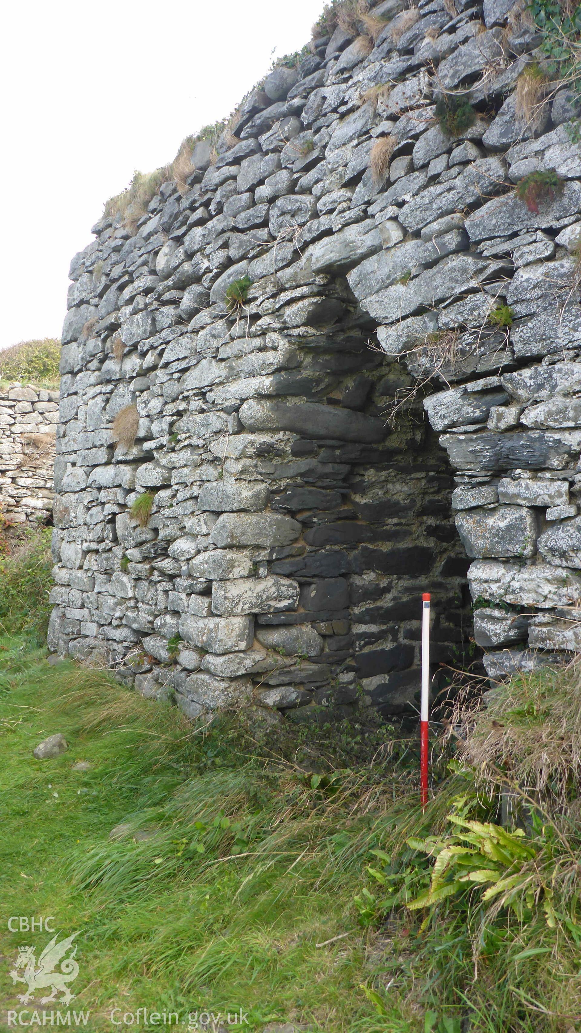 Digital colour photograph showing Craiglas Lime Kilns - lime Kiln 2, detail of north-west facing kiln-eye, looking east.