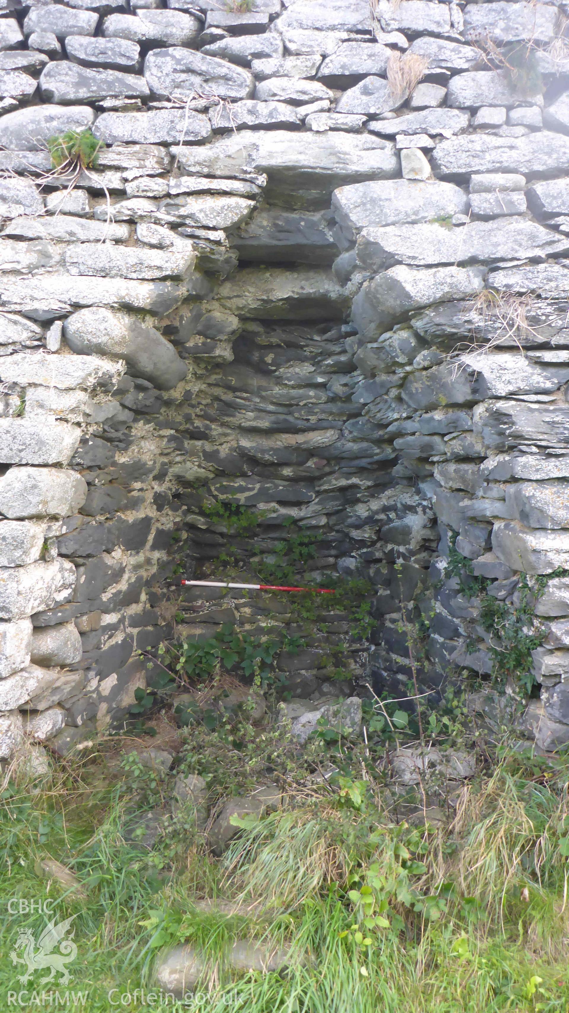 Digital colour photograph showing Craiglas Lime Kilns - lime Kiln 2, detail of north-west facing kiln-eye, looking south-east.