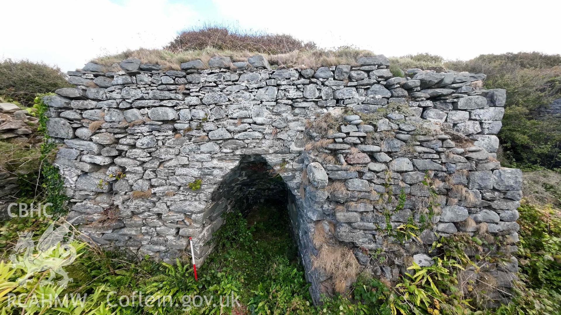 Digital colour photograph showing Craiglas Lime Kiln 3, north-west (seaward) facing elevation, overall view.