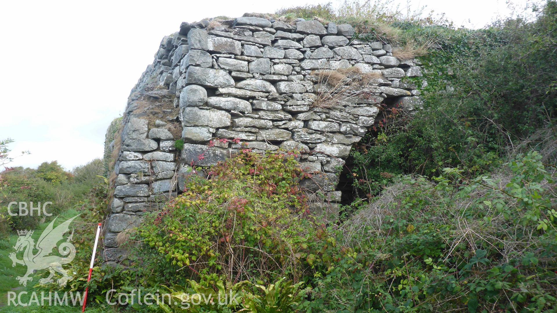 Digital colour photograph showing Craiglas Lime Kiln 3, south-west facing elevation and kiln-eye, partial view, looking north-east.