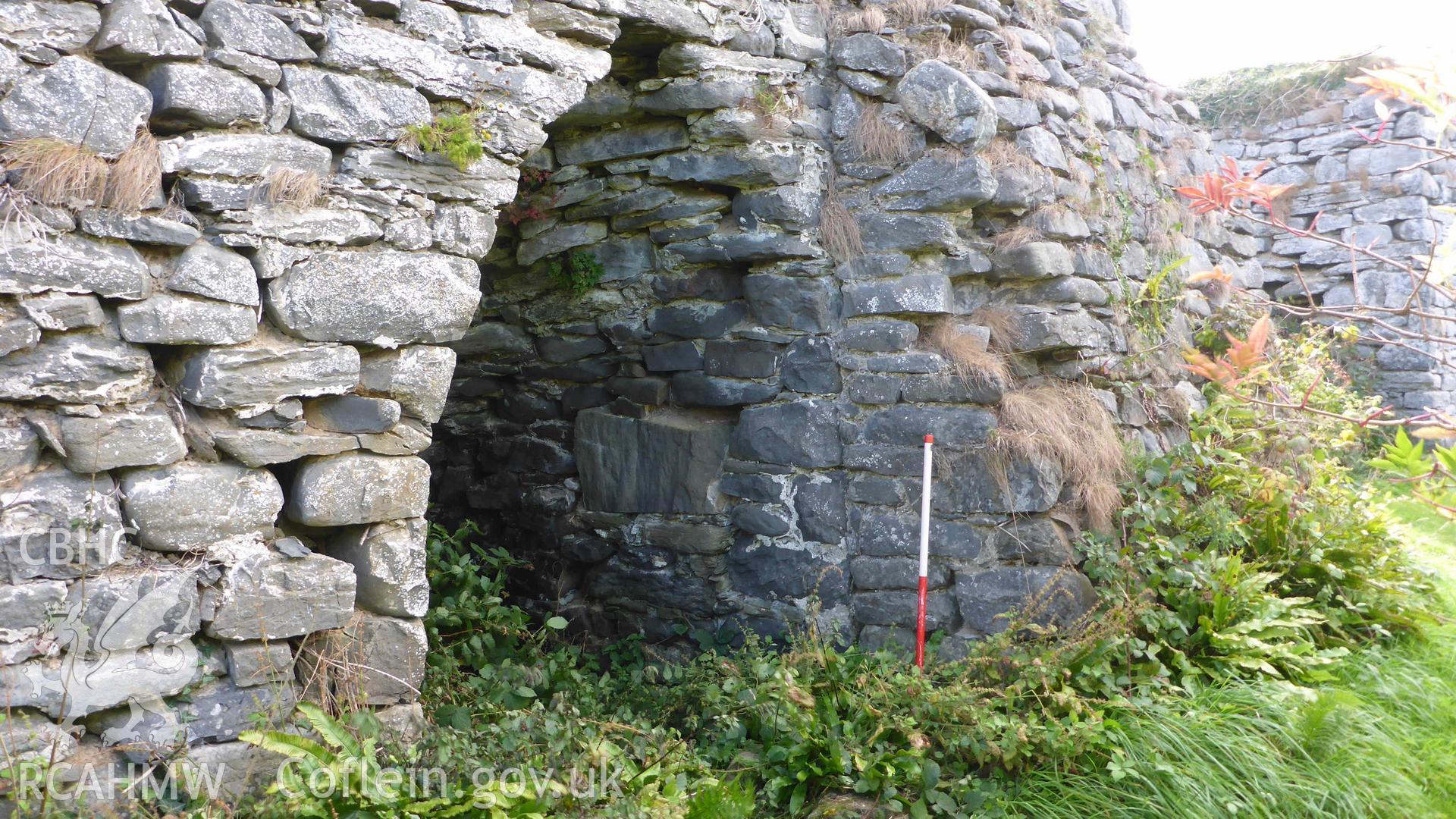 Digital colour photograph showing Craiglas Lime Kiln 3, detail of north-west facing kiln-eye, looking south.