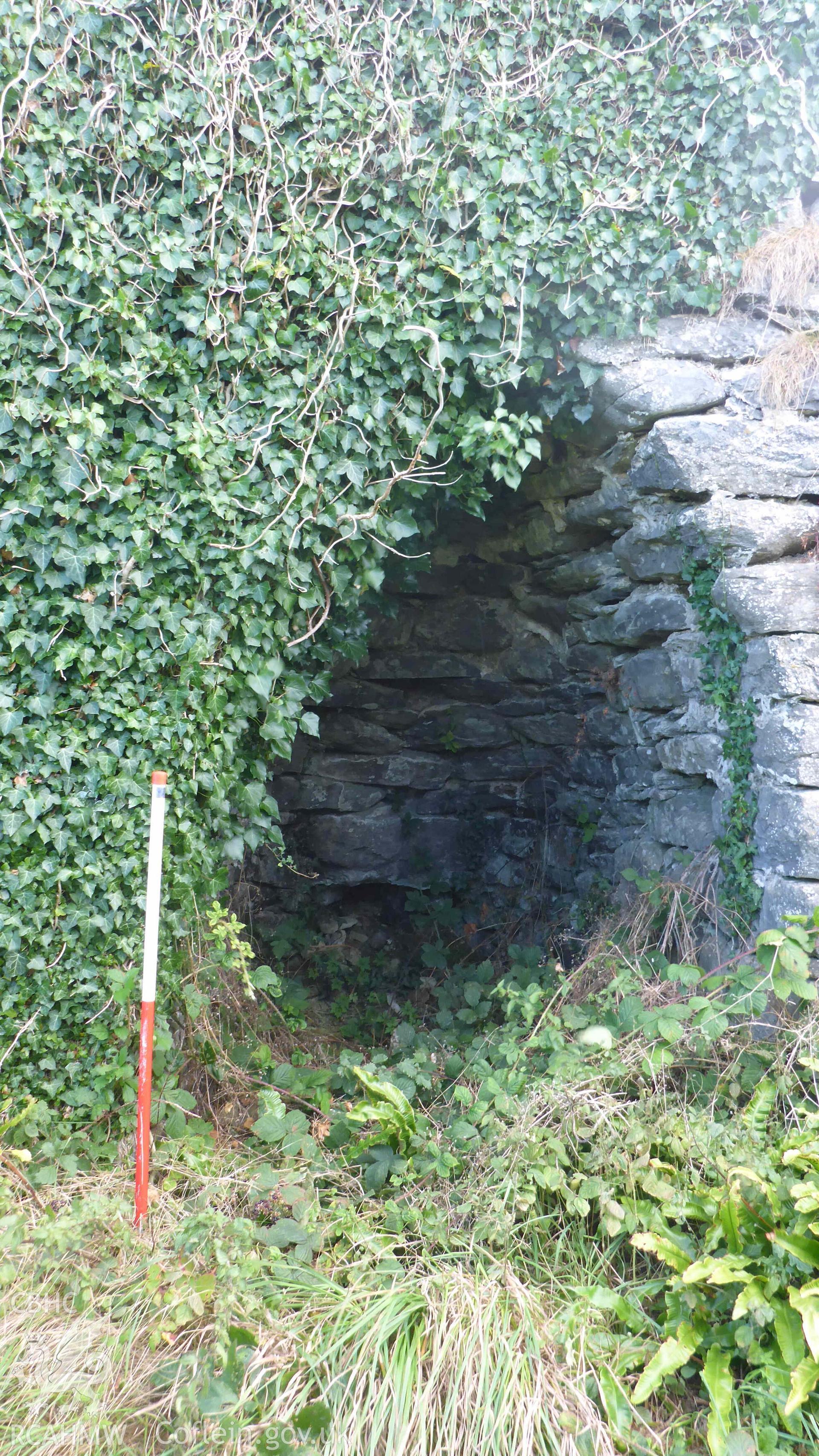 Digital colour photograph showing Craiglas Lime Kiln 4, detail  of north-west facing kiln-eye, looking south-east.