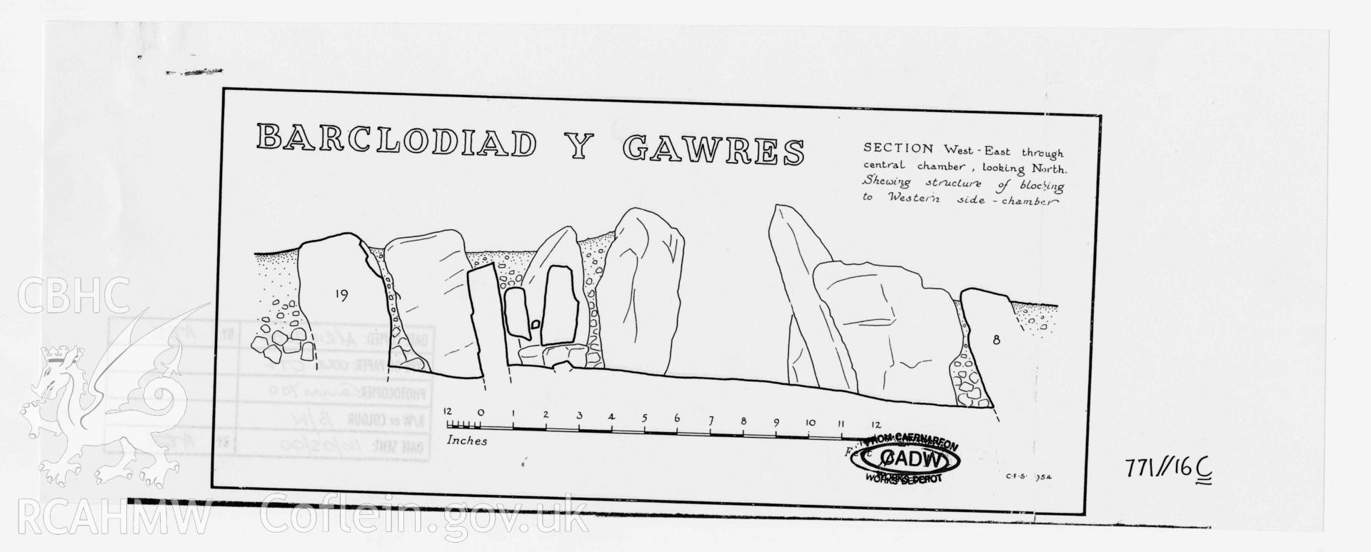 Cadw guardianship monument drawing of Barclodiad y Gawres Round Barrow. Sect, W-E thro' chamber. Cadw Ref No: 771//16C. Scale 1:40.