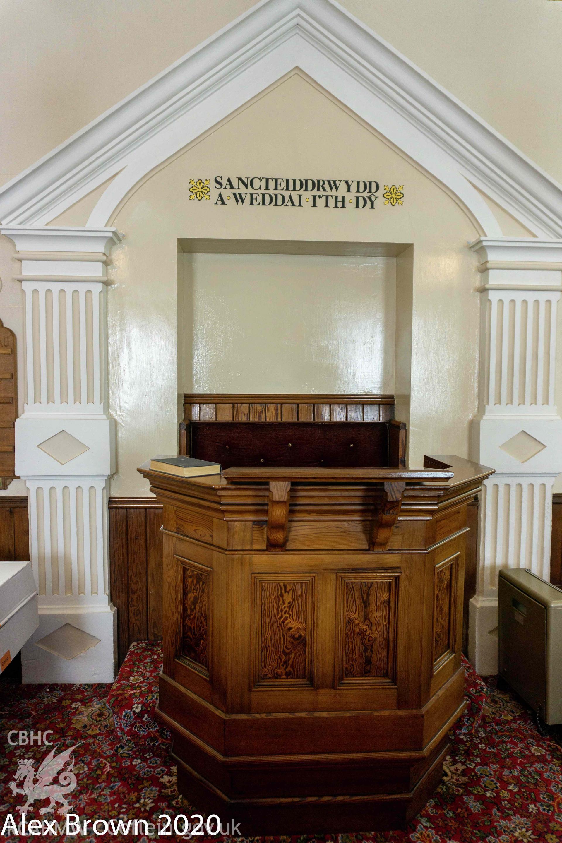 Colour digital photograph showing pulpit at Capel Soar, Maenan, produced as part of planning application Ref no: DC/0/47267.