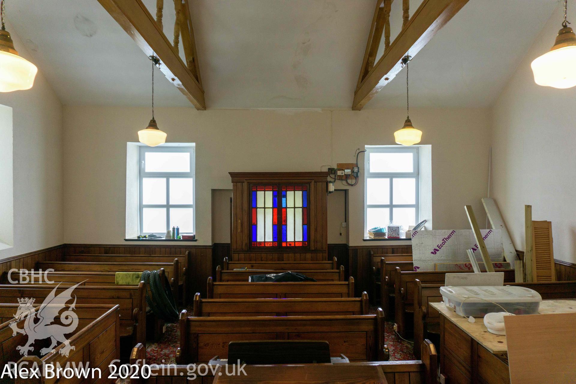 Colour digital photograph showing interior towards entrance at Capel Soar, Maenan, produced as part of planning application Ref no: DC/0/47267.