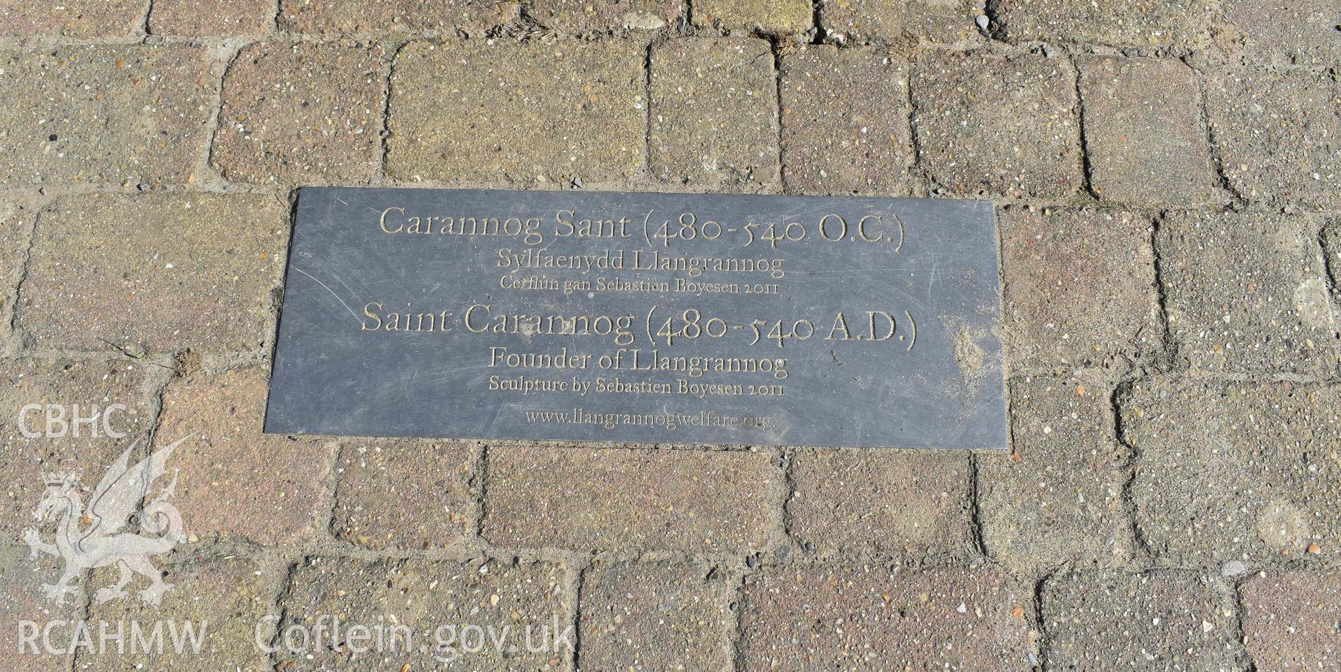 Statue of Saint Carannog plaque.  Photo taken 20 September 2022.
