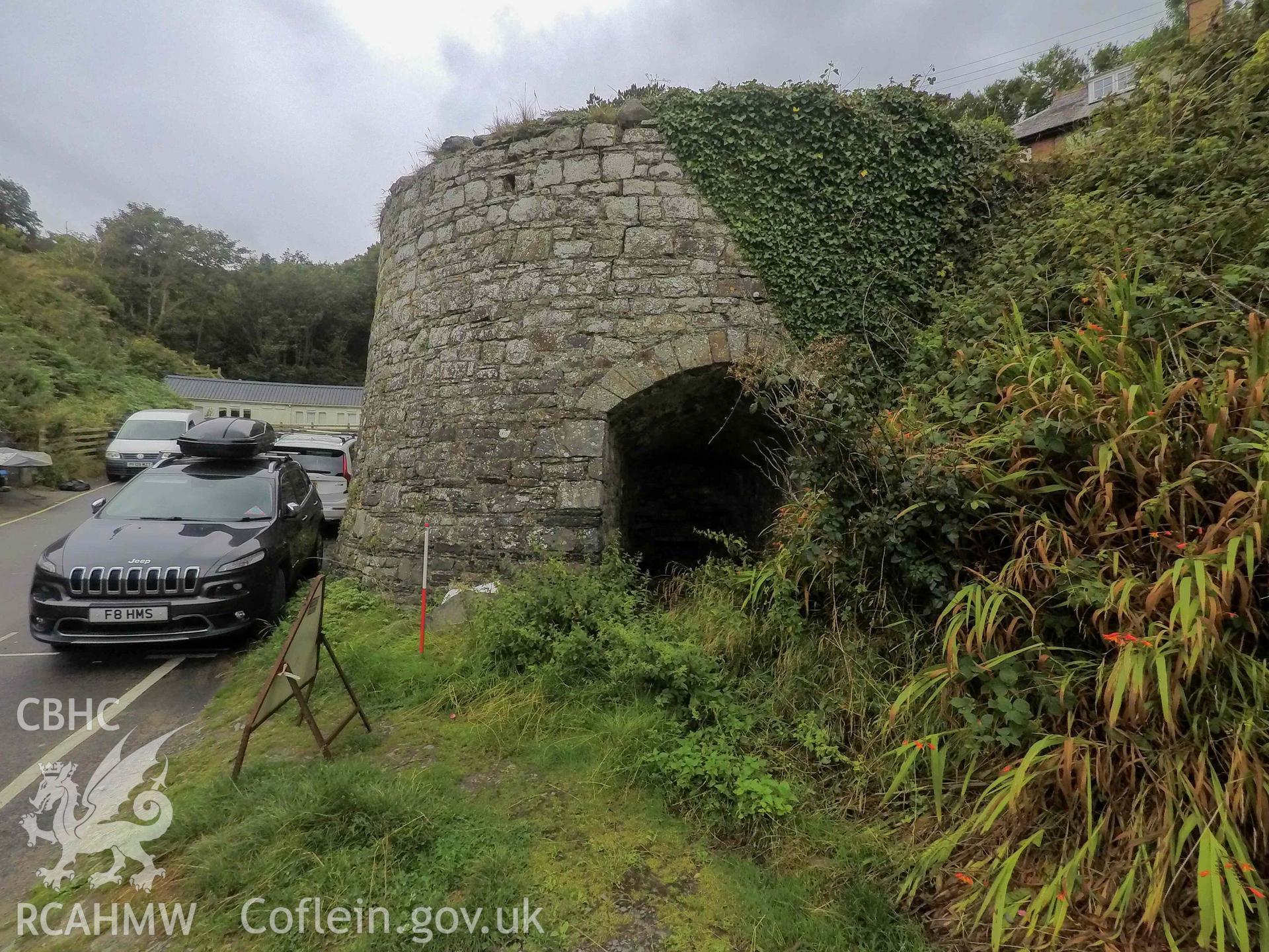 Llangrannog Limekiln. Northeast elevation and kiln eye with scale, taken 24 August 2022