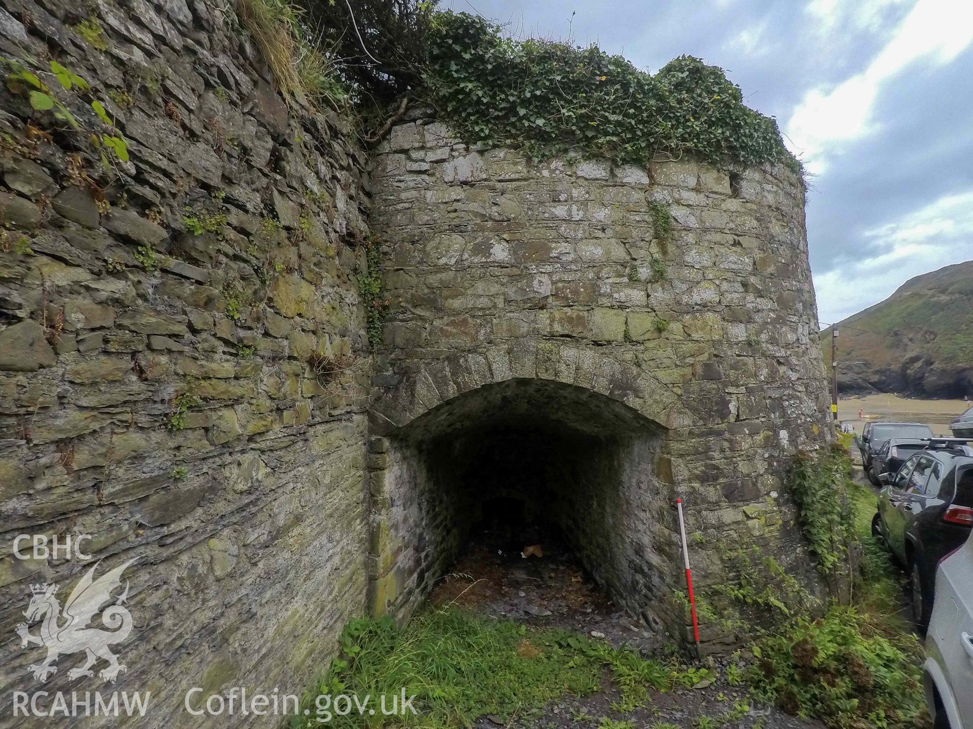 Llangrannog Limekiln. Southwest elevation and kiln eye with scale, taken 24 August 2022