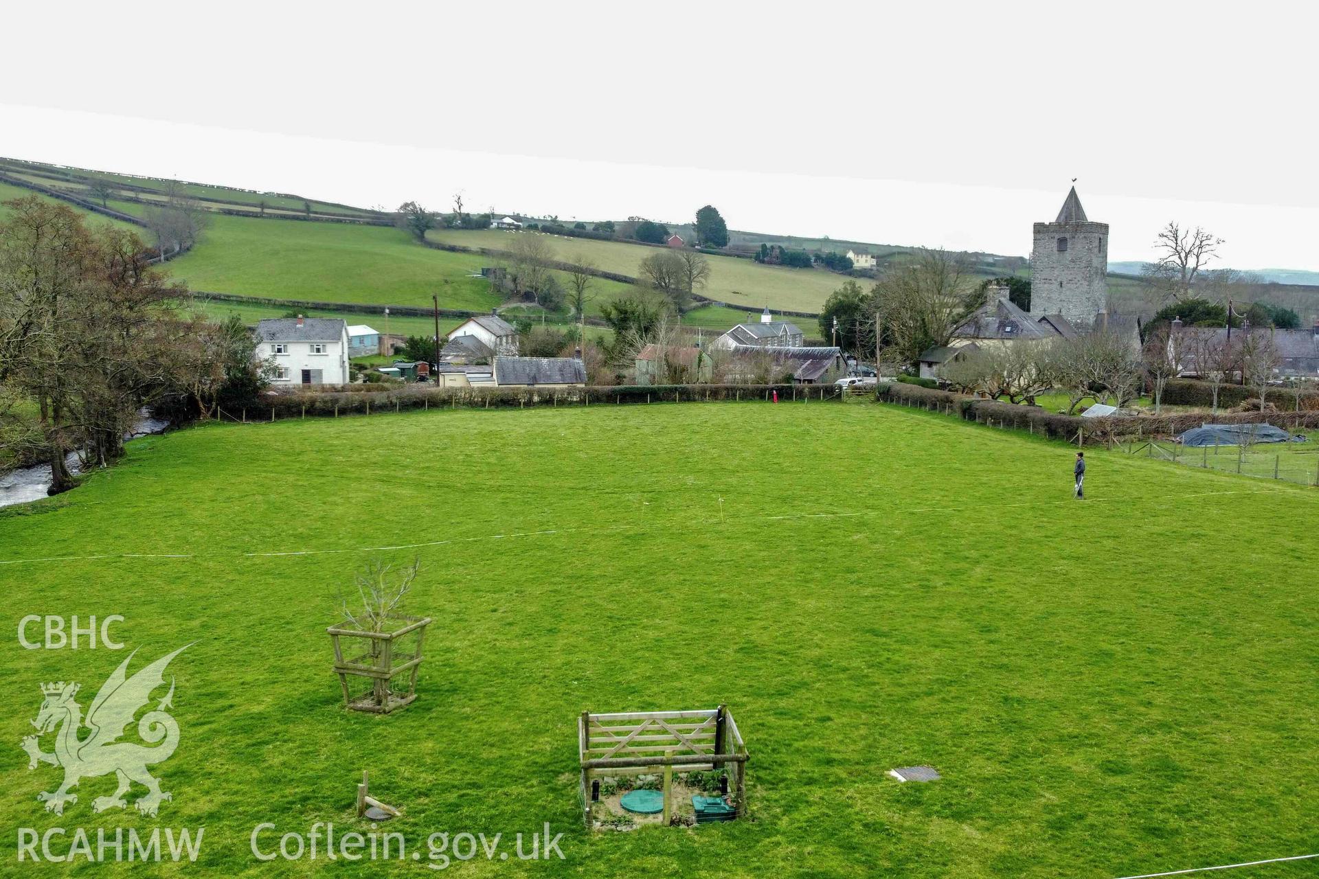 UAV photograph across site of cropmark. Looking southwest. Taken during geophysical survey on 21 March 2022.