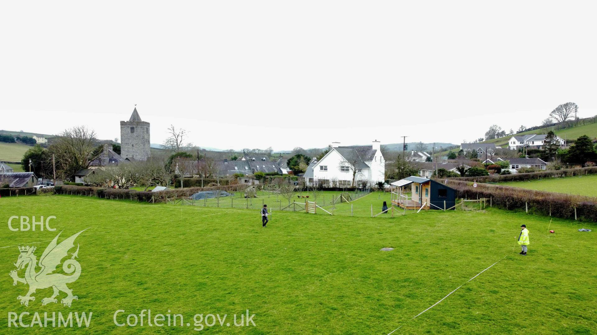 UAV photograph across site of cropmark. Looking west. Taken during geophysical survey on 21 March 2022.