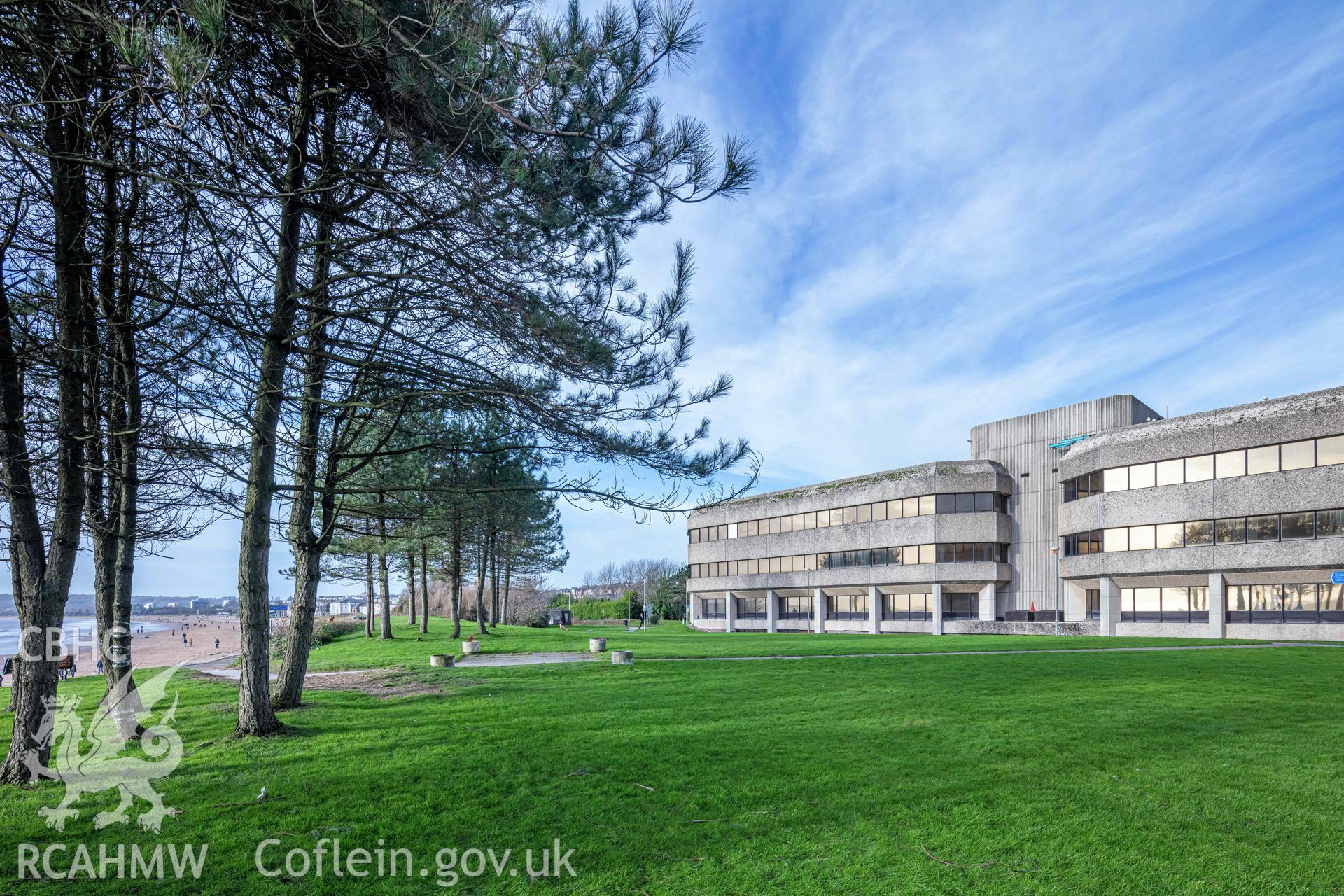 Digital colour photograph showing external view of Swansea Civic Centre taken by Derek Phillips for RCAHMW in 2022 - Central Area to West Wing.