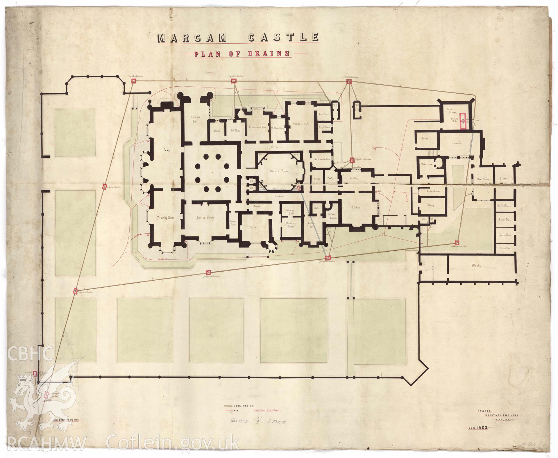Later ground floor plan of  Margam Park, by Proger, Sanitary Engineer, Cardiff, 1893. Scale 1/8" to 1 foot.