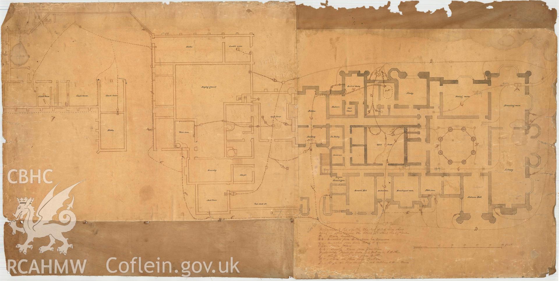 Plan of drains at Margam Park, an original drawing by Thomas Hopper of ground floor with details of drainage added. Scale 1/8" to 1 foot. Dated c1893.