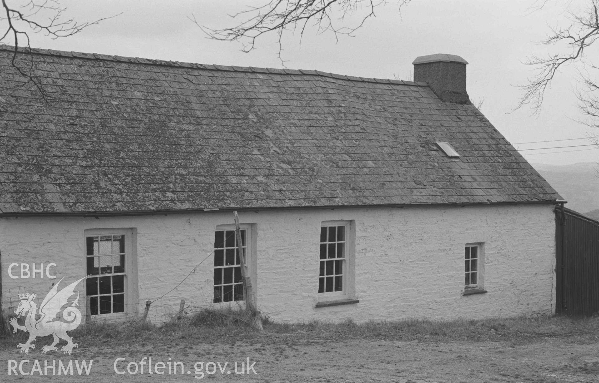 Digital copy of a black and white negative showing  Hermon Chapel from the back. Photographed by Arthur Chater on 13 April 1968. Looking south east from Grid Reference SN 544586.