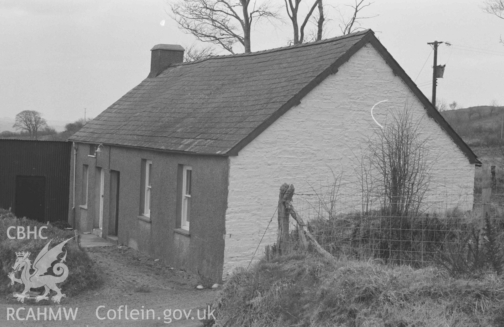 Digital copy of a black and white negative showing the front of Hermon Chapel. Photographed by Arthur Chater on 13 April 1968. Looking south east from Grid Reference SN 544 586.