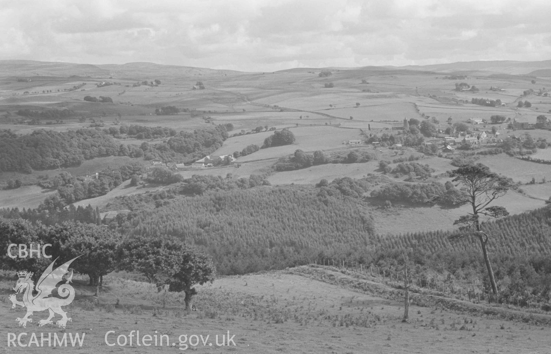 Digital copy of a black and white negative showing panoramic view of Castell Grogwynion, Ystwyth Valley and Ysbyty Ystwyth from the 1007ft summit above Maen Arthur (6/6). Photographed by Arthur Chater on 17 August 1968. Looking from west to south east, from Grid Reference SN 725 729.