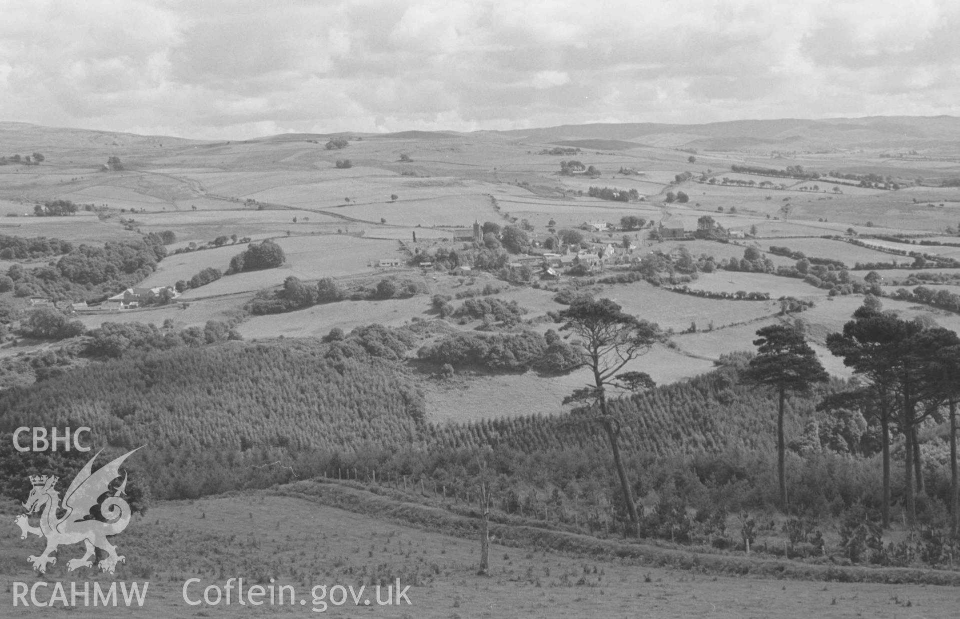 Digital copy of a black and white negative showing Ysbyty Ystwyth from the 1007ft summit of Maen Arthur. Photographed by Arthur Chater on 17 August 1968. Looking south east from Grid Reference SN 728 726.
