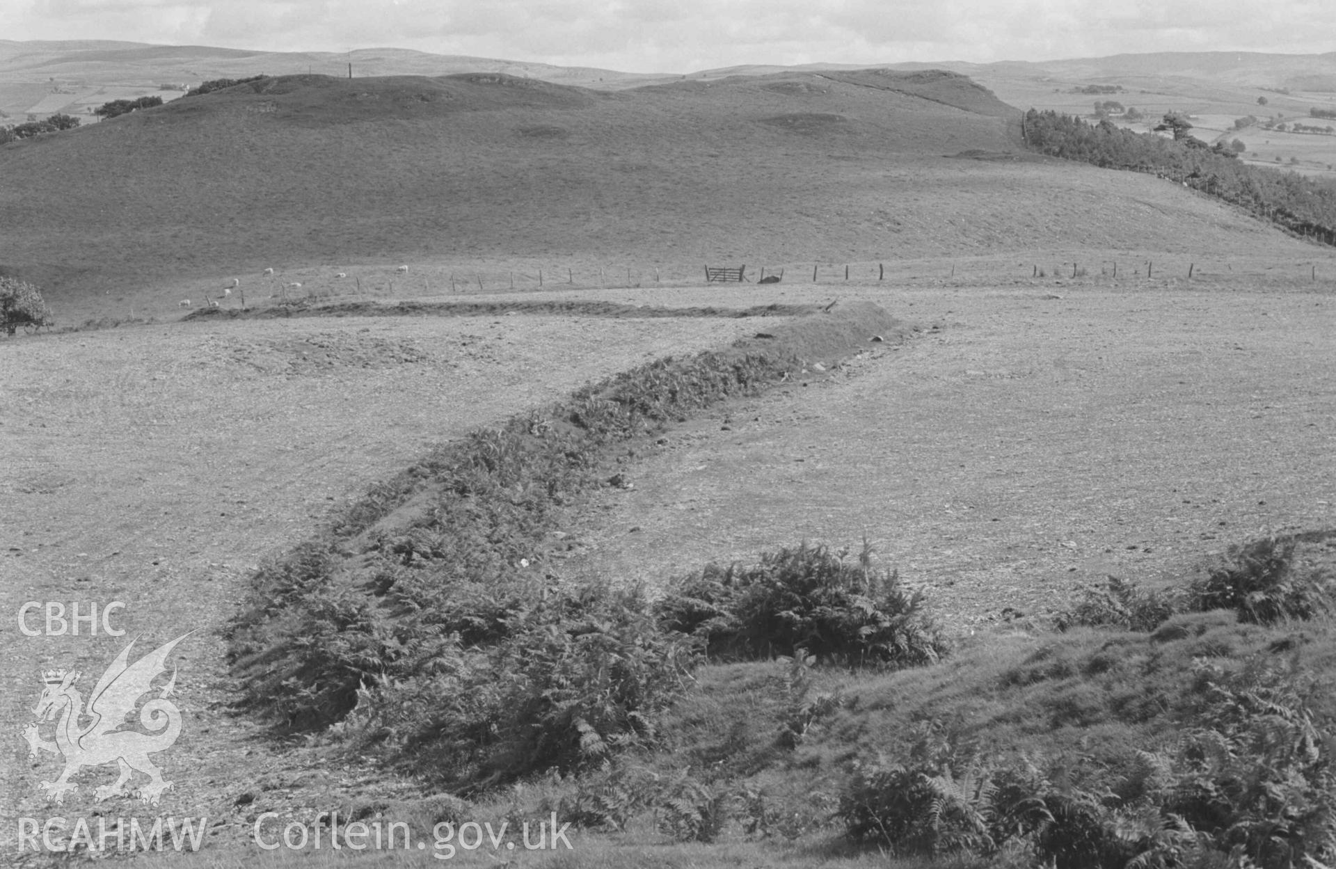 Digital copy of a black and white negative showing boundary bank between the parishes of Llanafan and Upper Llanfihangel-y-Creuddyn, 1007ft summeit above Maen Arthur, in background. Photographed by Arthur Chater on 17 August 1968. Looking south east from Grid Reference SN 725 729.