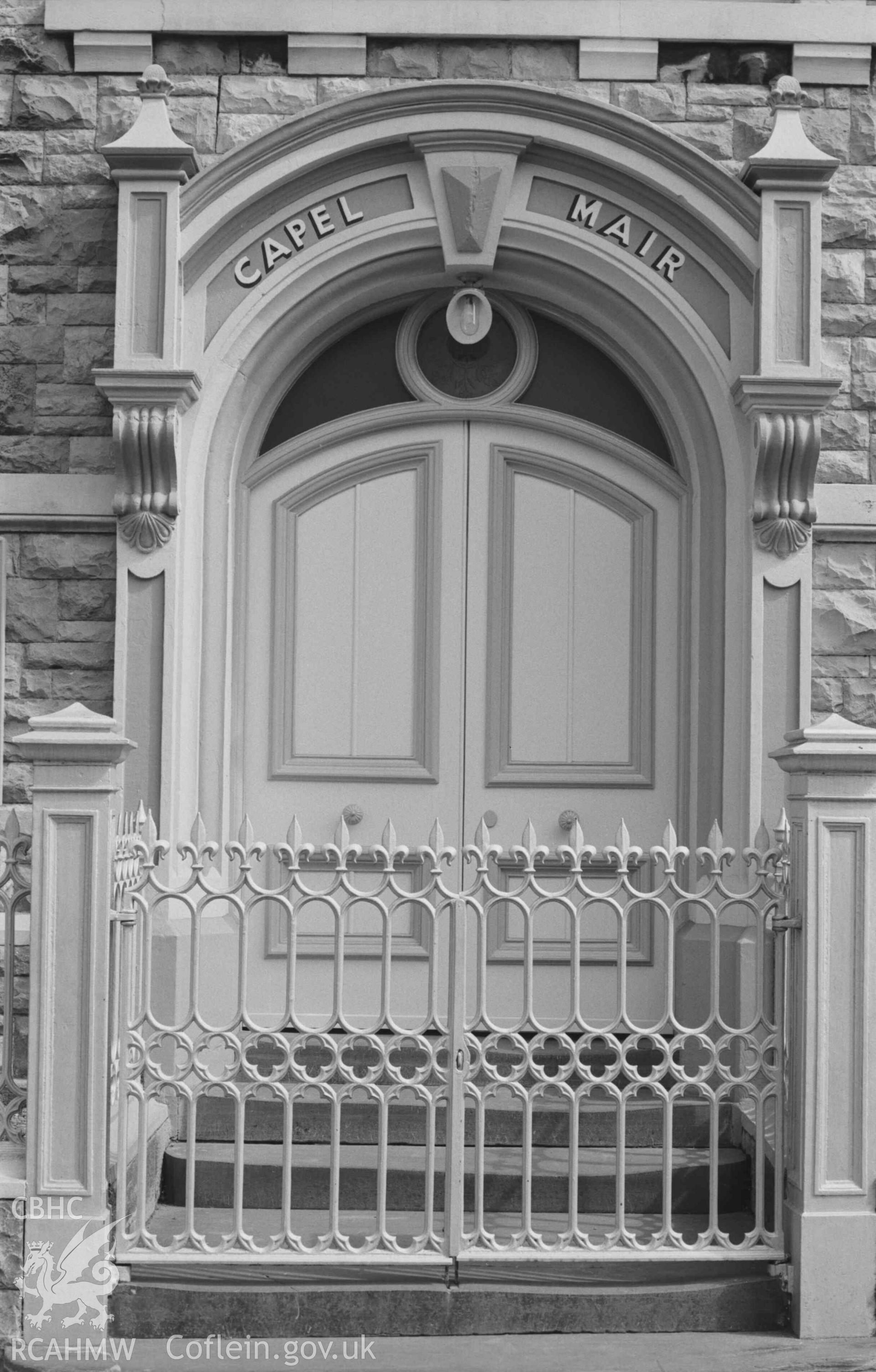 Digital copy of a black and white negative showing the doorway of Capel Mawr, Feidr Fair. Photographed by Arthur Chater on 30 August 1968. Looking east north east from Grid Reference SN 1797 4612.