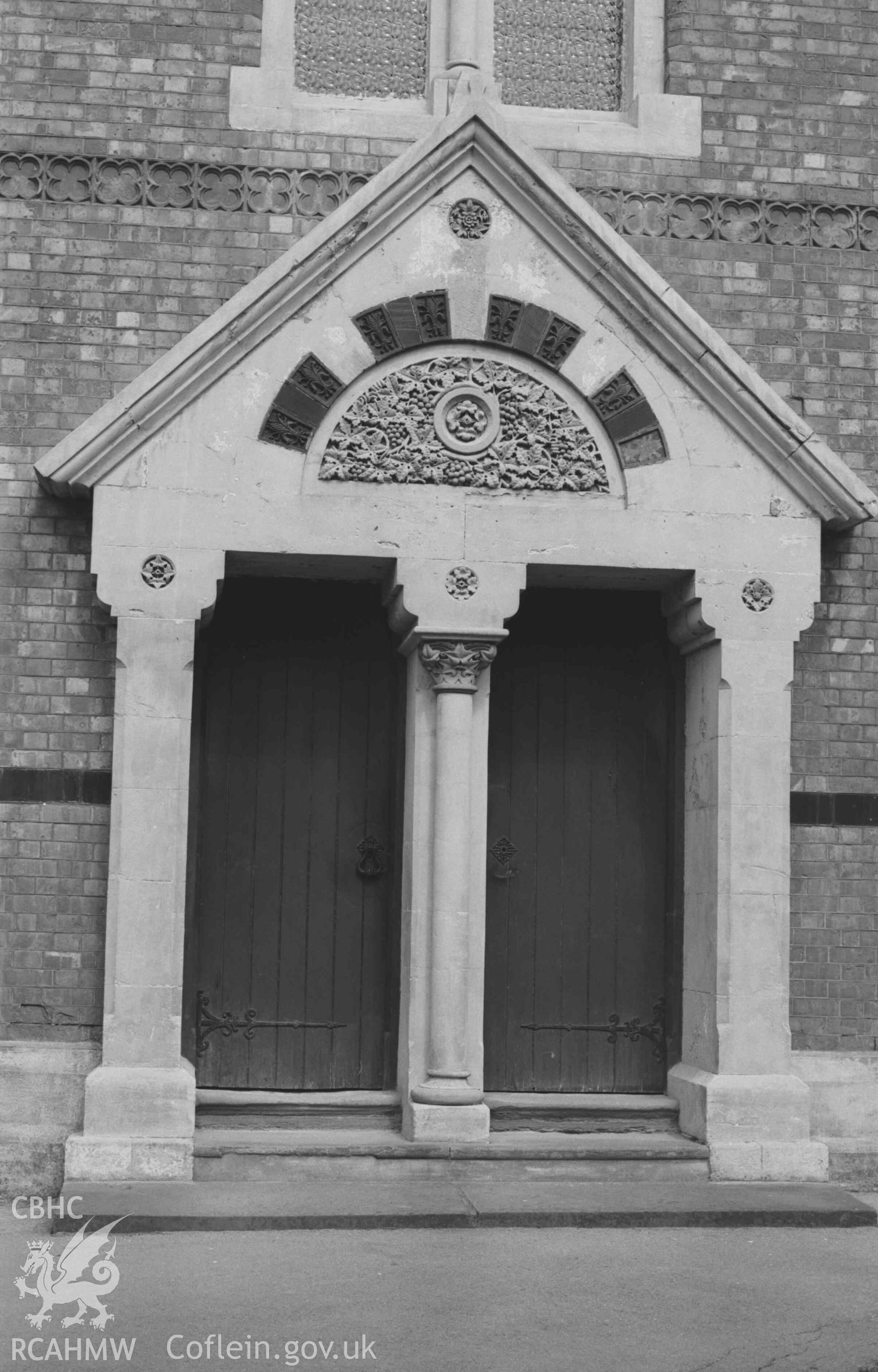Digital copy of a black and white negative showing the front entrance porch of Mount Zion Baptist Chapel, Priory Street. Photographed by Arthur Chater on 30 August 1968. Looking north north east from Grid Reference SN 1786 4614.