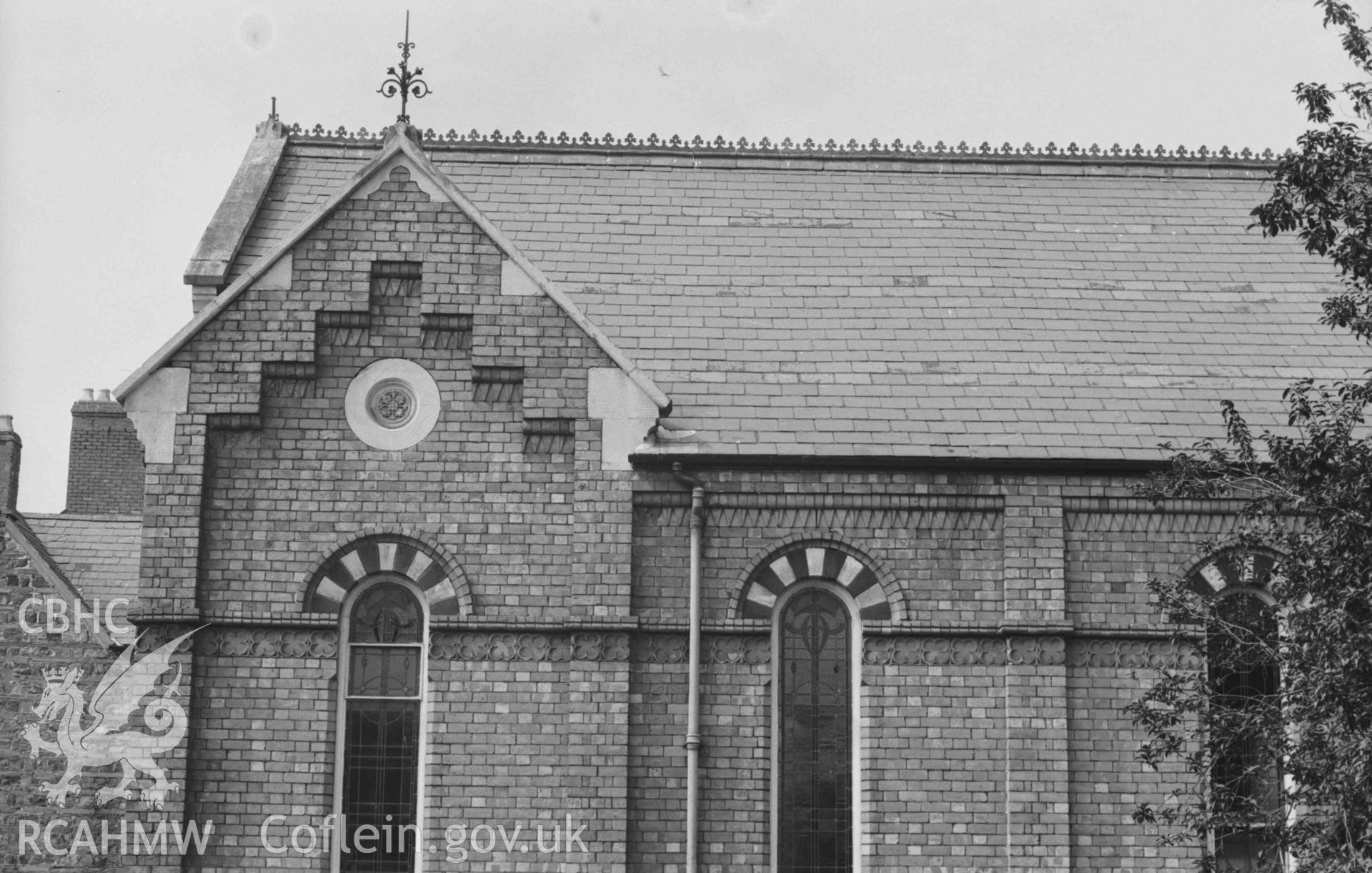 Digital copy of a black and white negative showing the east side of Mount Zion Baptist Chapel, Priory Street. Photographed by Arthur Chater on 30 August 1968. Looking west north west from Grid Reference SN 1788 4615.