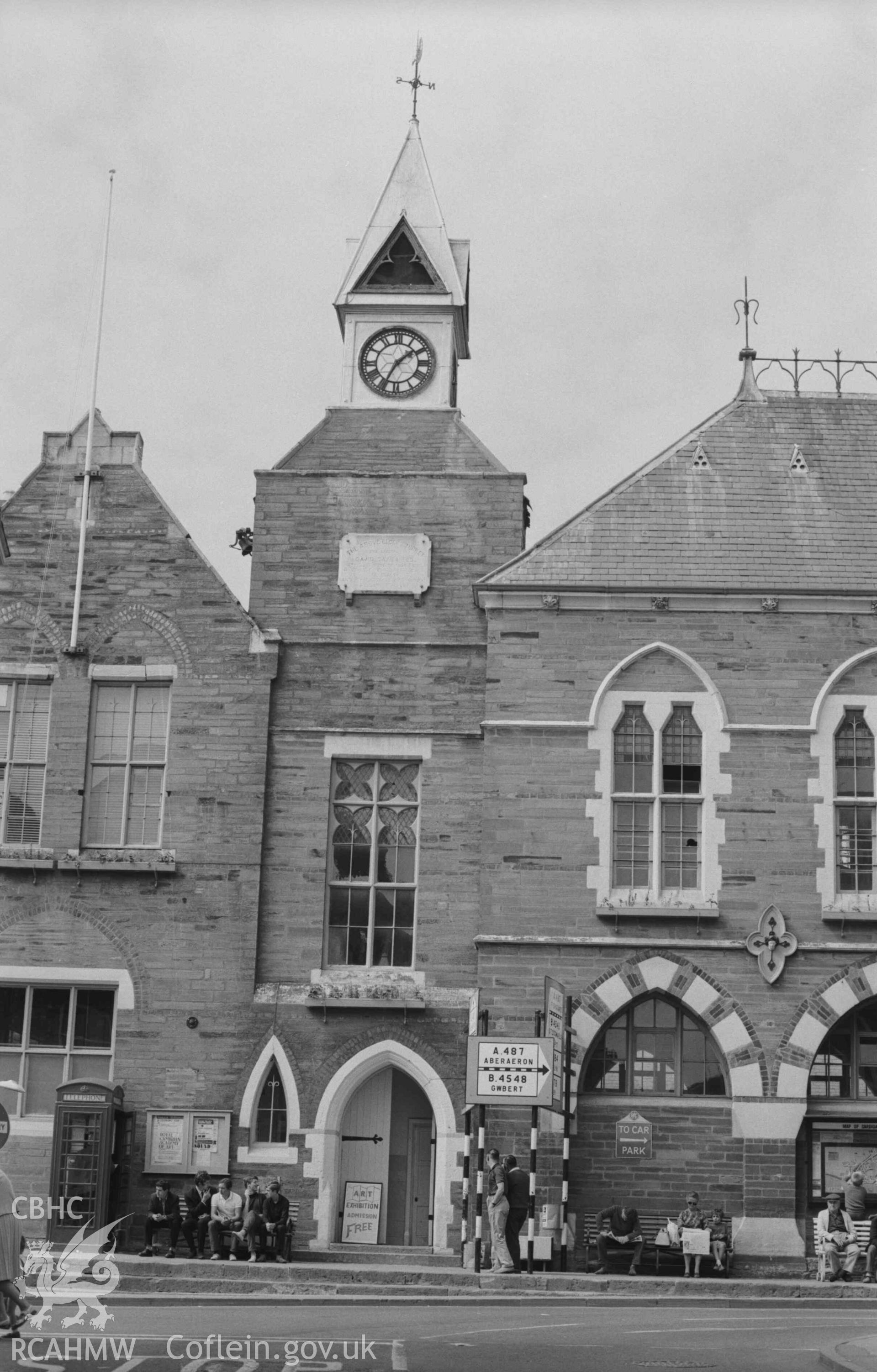 Digital copy of a black and white negative showing the Guildhall (Town Hall), Cardigan. Photographed by Arthur Chater on 30 August 1968. Looking west north west from Grid Reference SN 1780 4616.