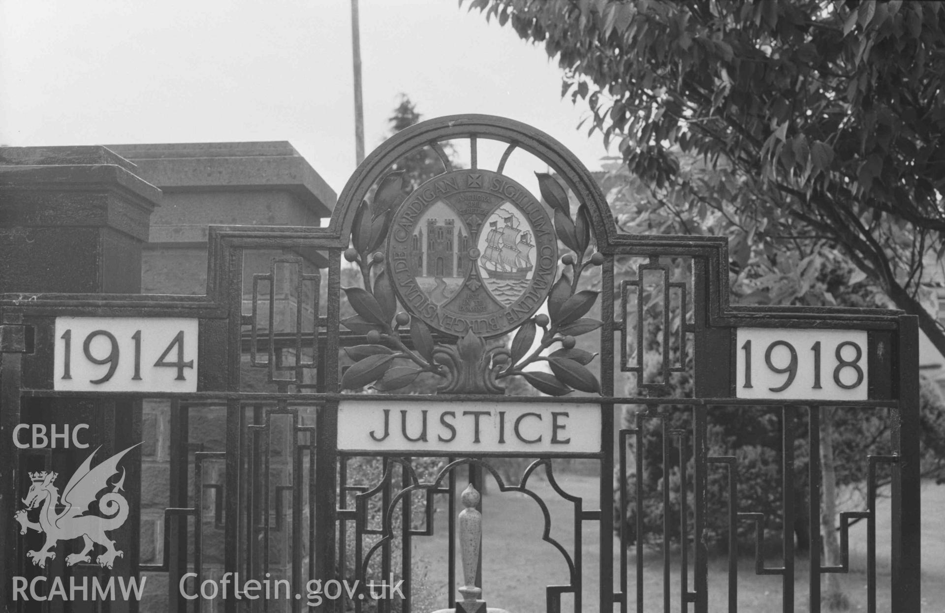 Digital copy of a black and white negative showing War Memorial gates (First World War) on County School by Victoria Gardens, Cardigan. Photographed by Arthur Chater on 30 August 1968. Looking south west from Grid Reference SN 1818 4653.