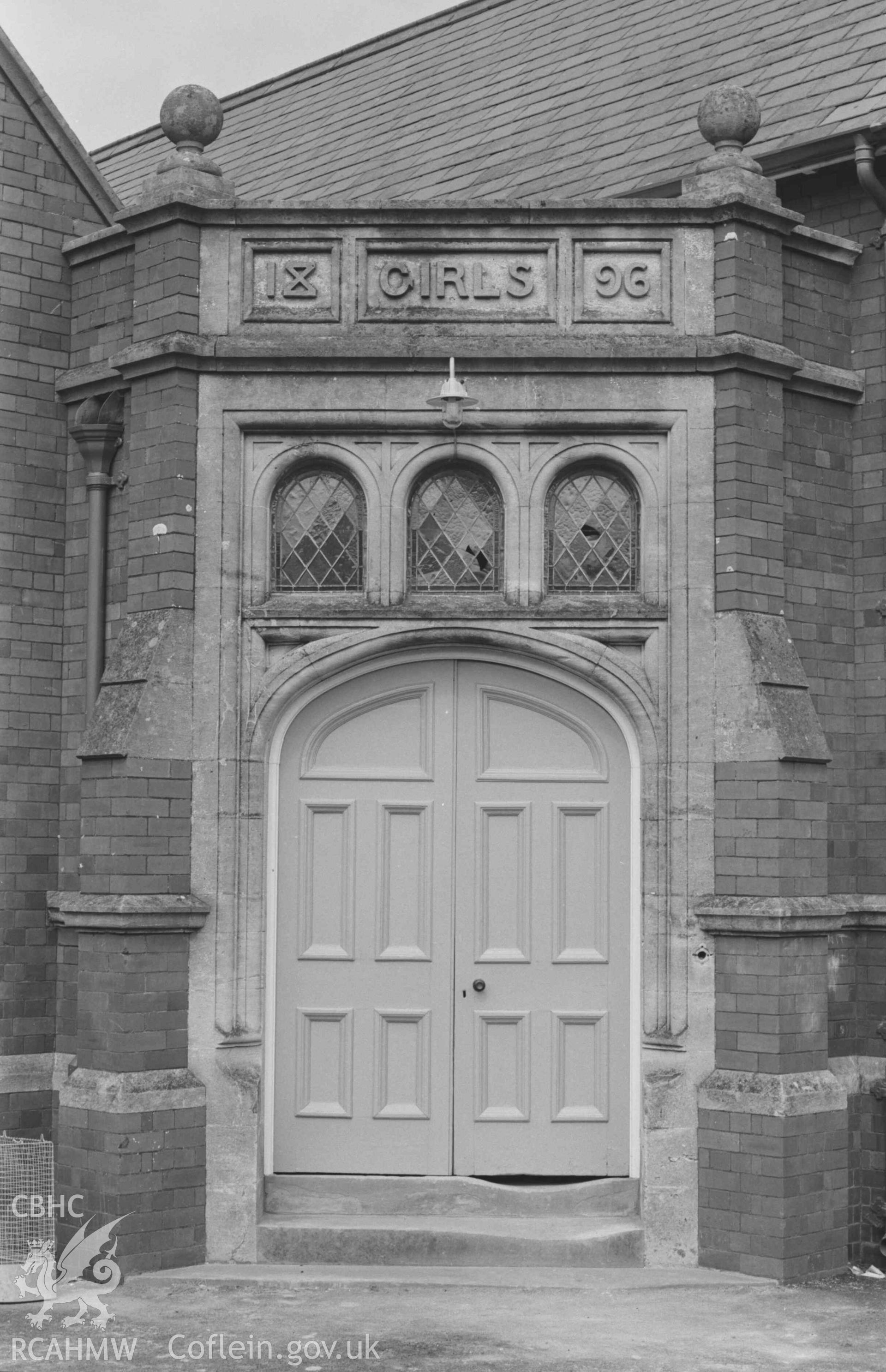Digital copy of a black and white negative showing Girls' entrance to the County School by Victoria Gardens, Cardigan. Photographed by Arthur Chater on 30 August 1968. Looking north from Grid Reference SN 1815 4654.