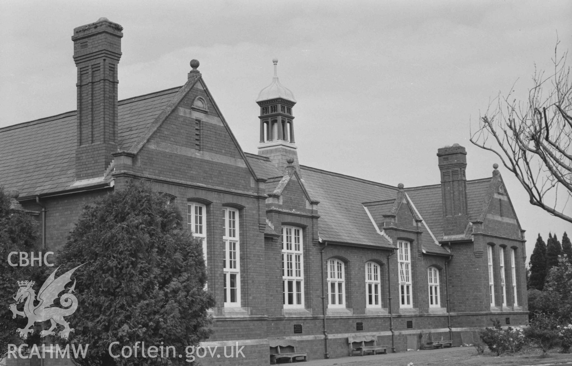Digital copy of a black and white negative showing the front of the County School by Victoria Gardens, Cardigan. Photographed by Arthur Chater on 30 August 1968. Looking north north east from Grid Reference SN 1815 4652.