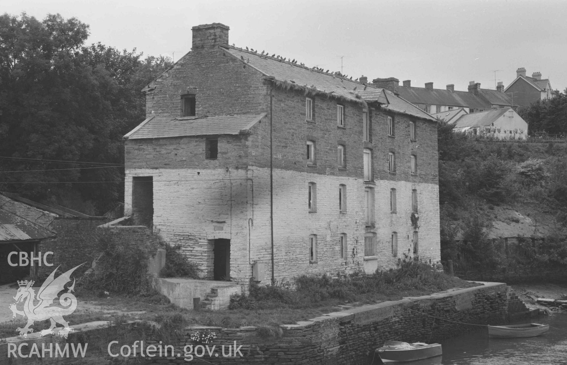 Digital copy of a black and white negative showing second warehouse on the south bank of the Teifi just below the bridge, Cardigan. Photographed by Arthur Chater on 30 August 1968. Lookingsouth west from Grid Reference SN 1778 4581.