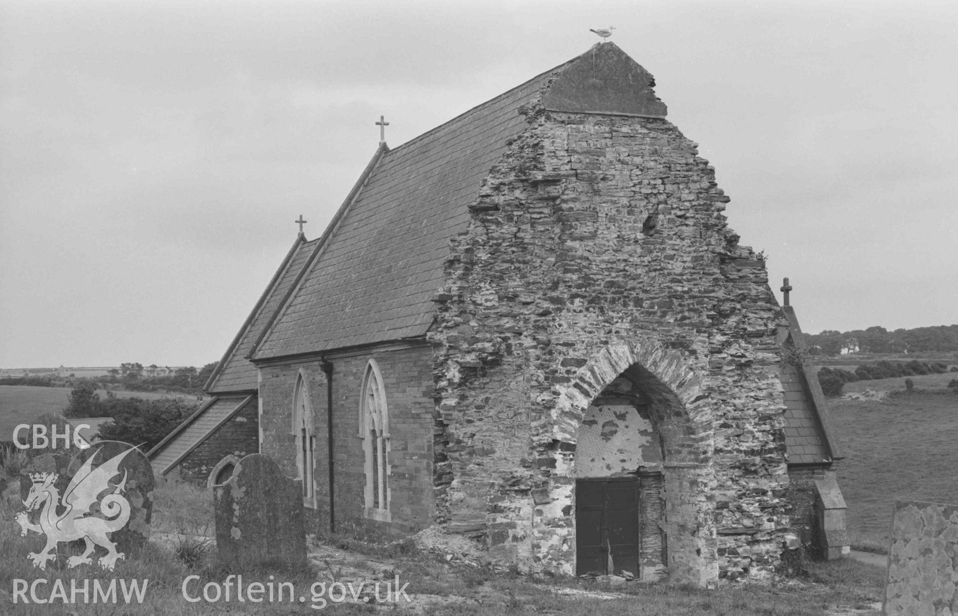 Digital copy of a black and white negative showing St Pedrog's Church. Photographed by Arthur Chater on 30 August 1968. Looking south east from Grid Reference SN 183 496.