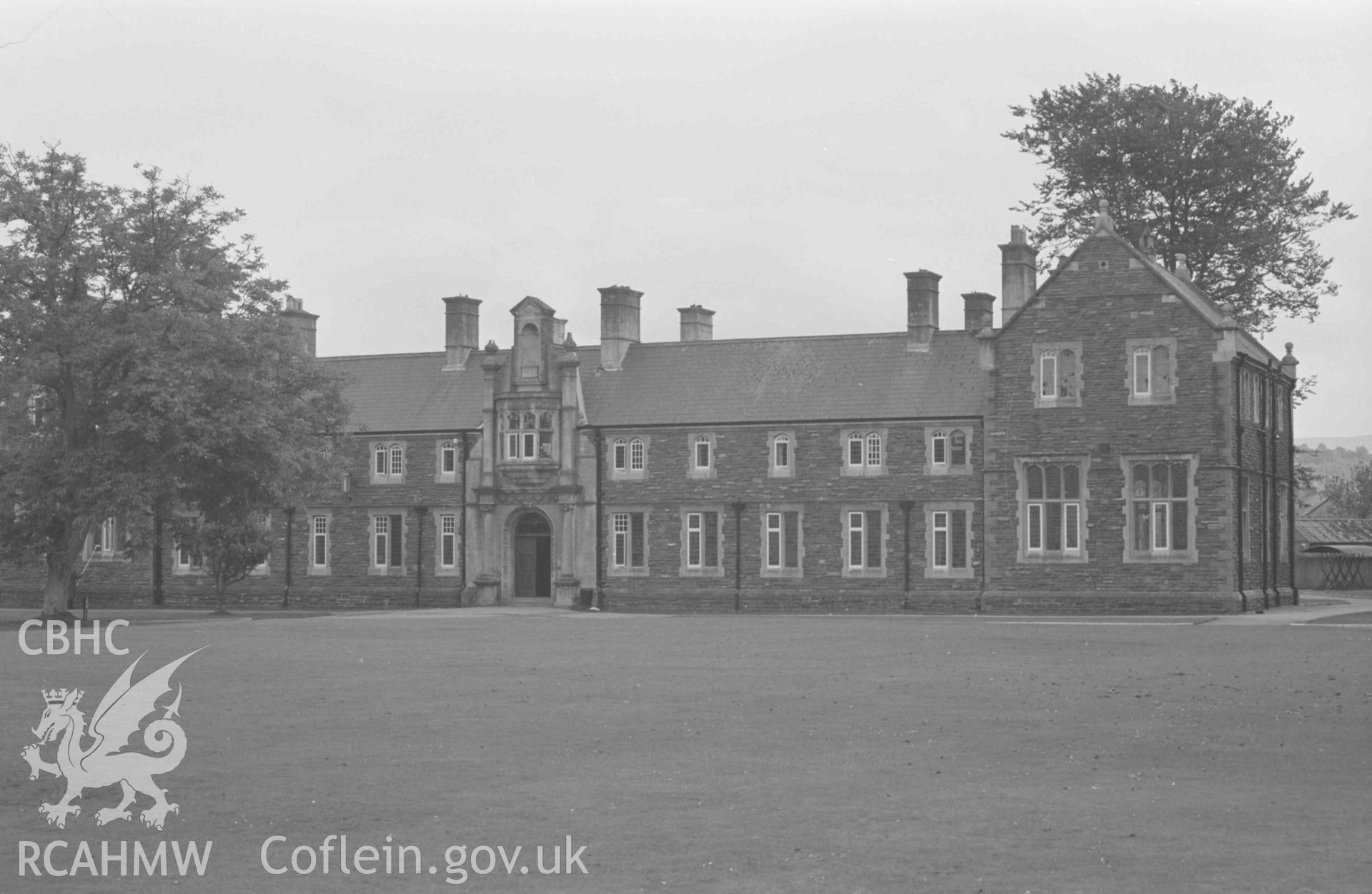 Digital copy of a black and white negative showing the front of the Canterbury Building at Lampeter College. Photographed by Arthur Chater on 21 August 1968. Looking south south east from Grid Reference SN 579 482.