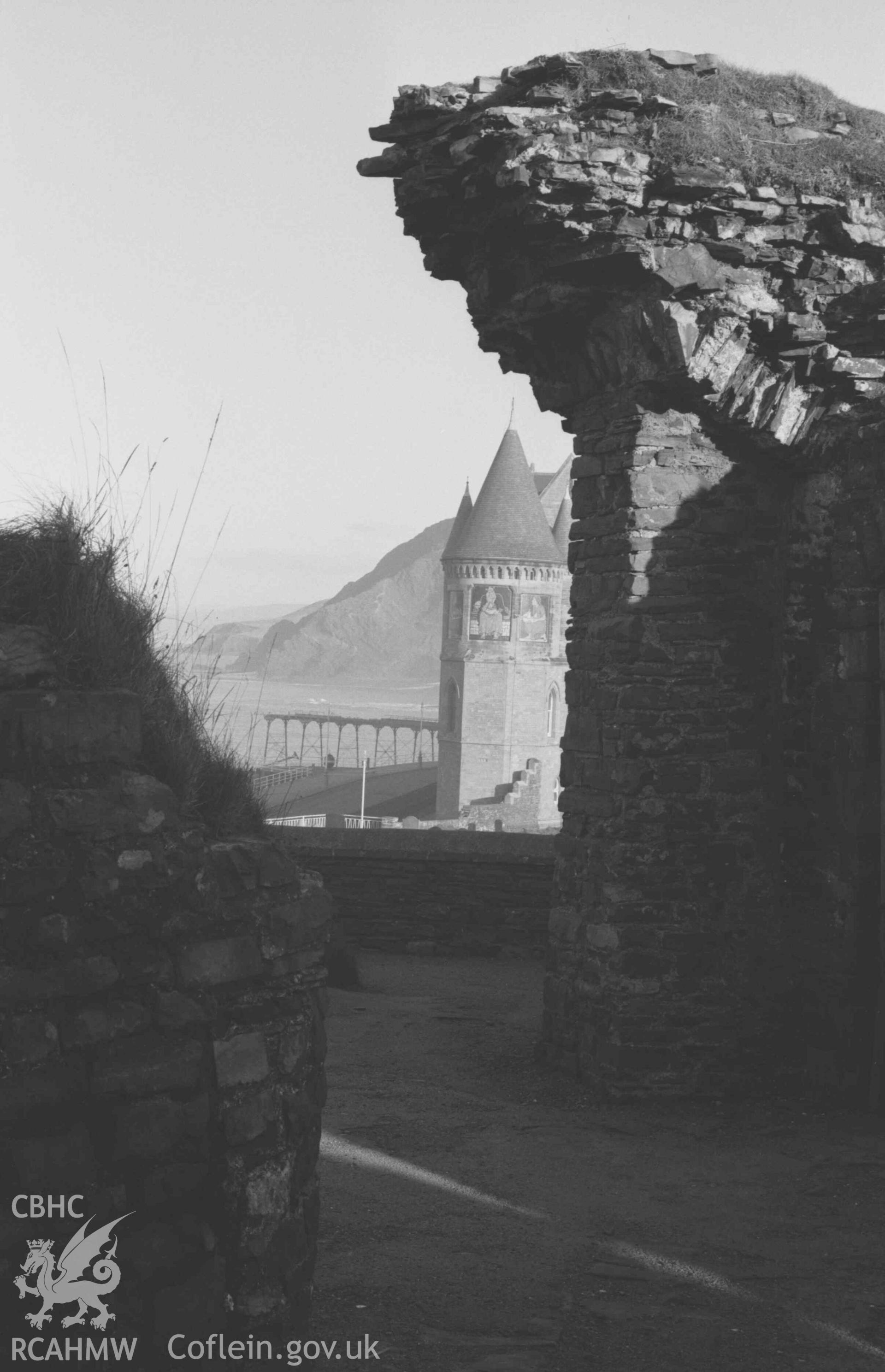 Digital copy of a black and white negative showing University College Wales and Pier from Aberystwyth Castle entrance. Photographed by Arthur Chater on 27 December 1968. Looking north north east from Grid Reference SN 5798 8153.