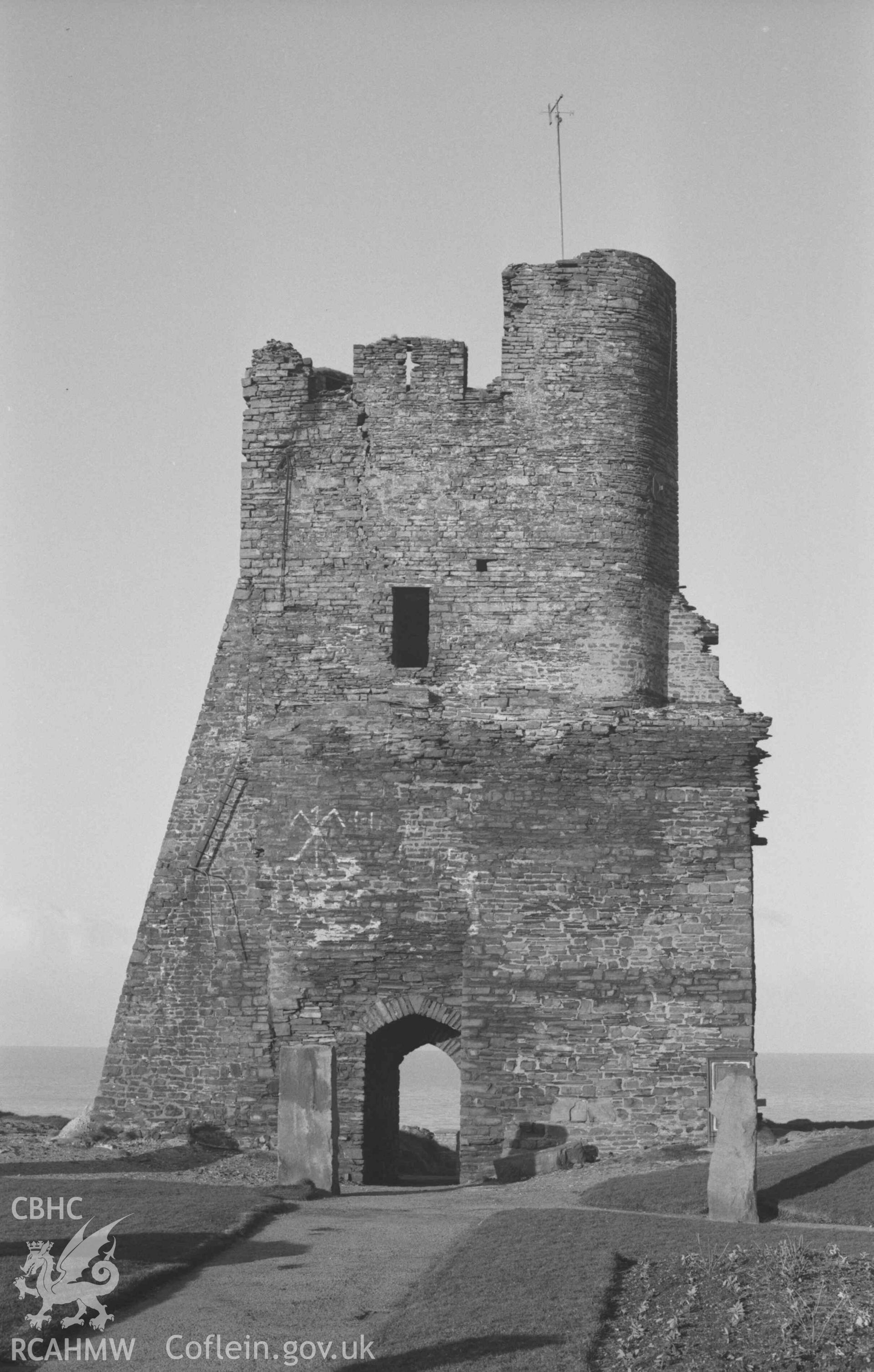 Digital copy of a black and white negative showing Aberystwyth Castle. Photographed by Arthur Chater on 27 December 1968.