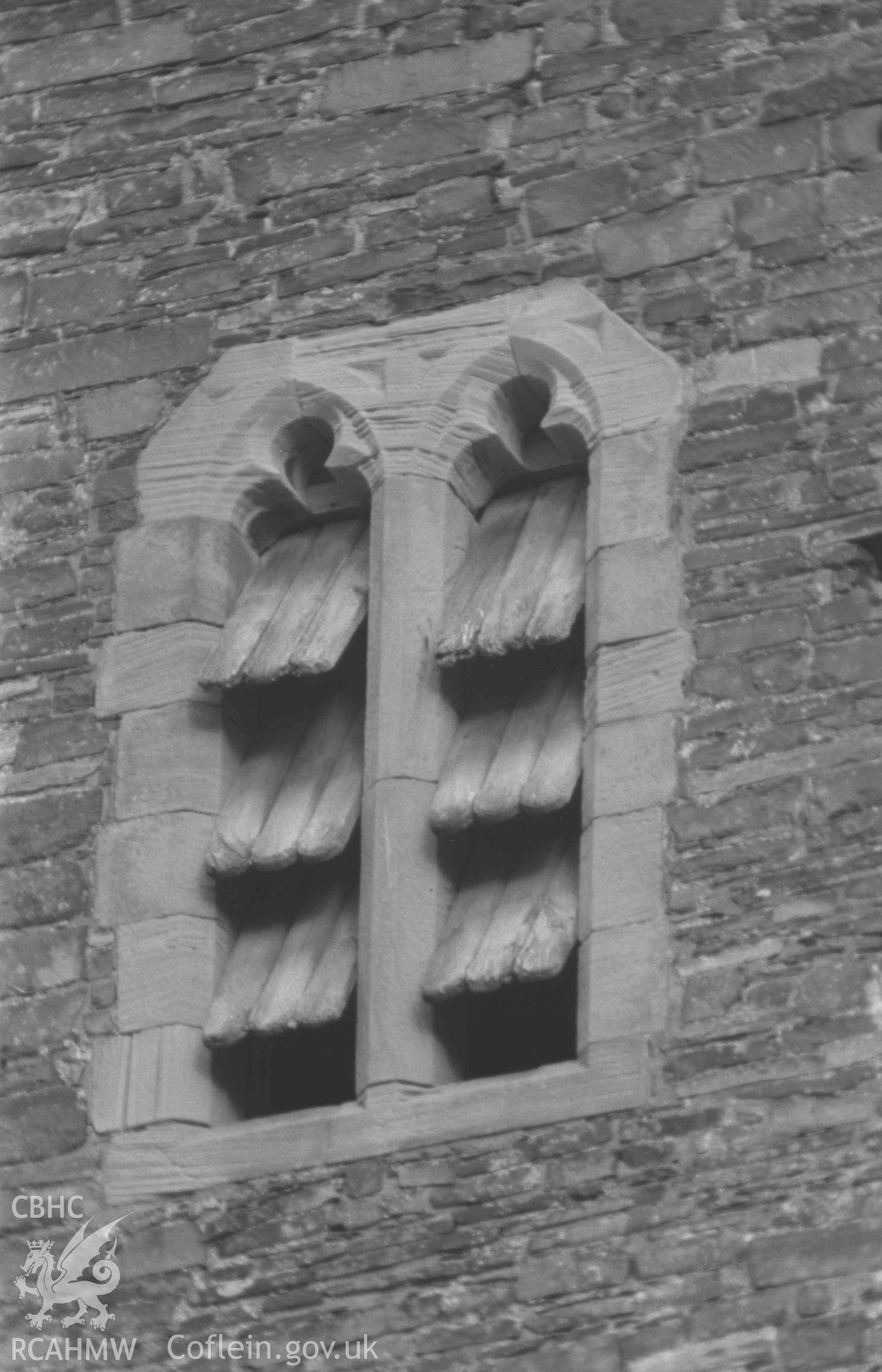 Digital copy of a black and white negative showing bell-openings on the south wall of the tower at St Padarn's Church, Llanbadarn Fawr (Telephoto). Photographed by Arthur Chater on 28 December 1968. Looking north from Grid Reference SN 5992 8096.