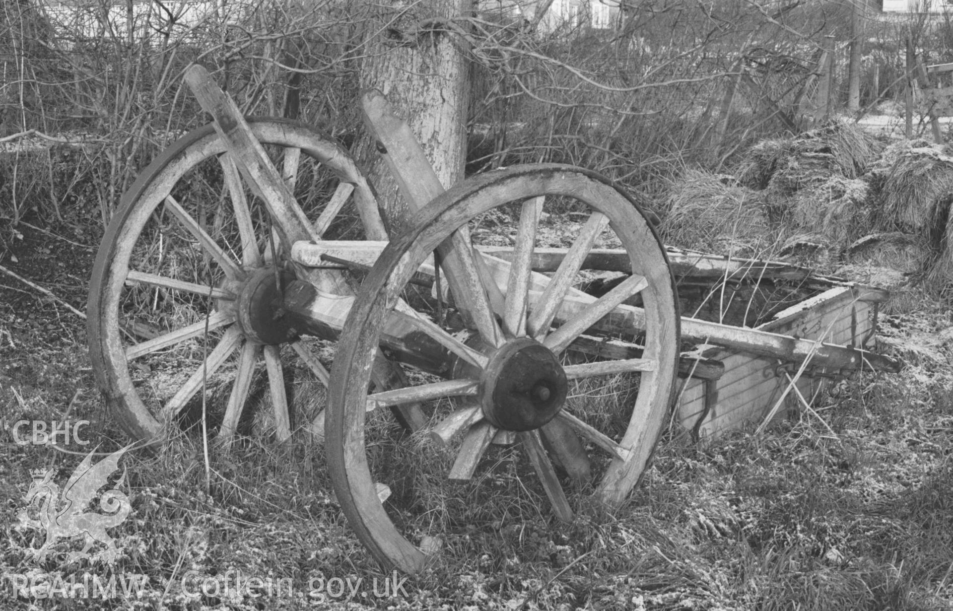 Digital copy of a black and white negative showing old cart in a field north east of gasworks, Llanbadarn Fawr. Photographed by Arthur Chater on 28 December 1968. Grid Reference SN 5952 8110.