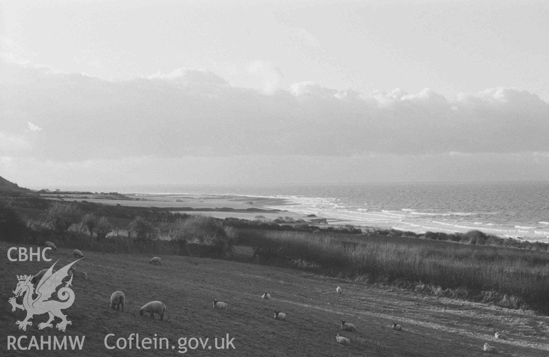 Digital copy of a black and white negative showing view towards Aberaeron from the main road 300m south west of Aberarth. Photographed by Arthur Chater on 28 December 1968. Looking west from Grid Reference SN 477 636.