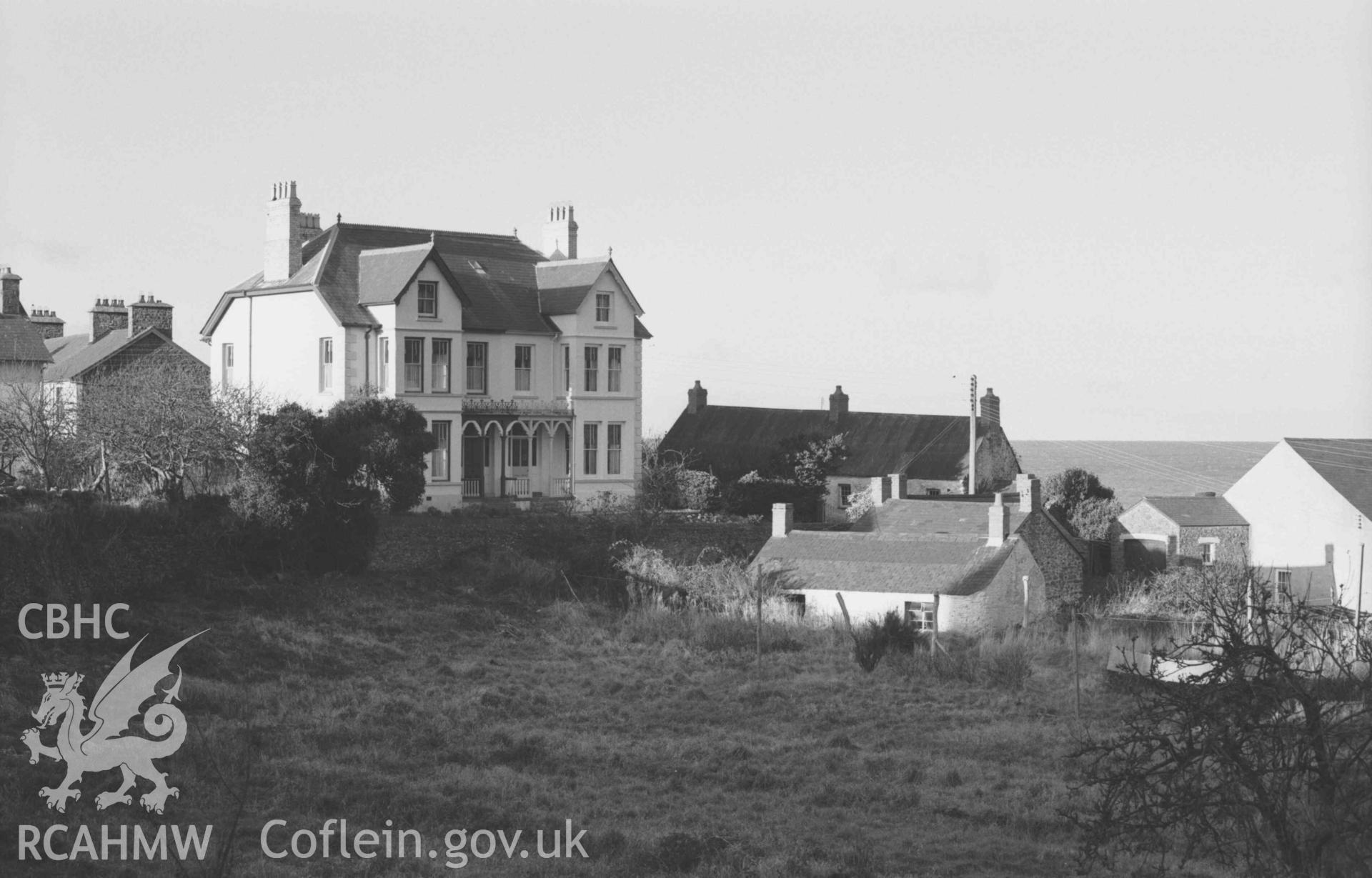 Digital copy of a black and white negative showing houses in Aberarth. Photographed by Arthur Chater on 28 December 1968. Looking north north west from Grid Reference SN 4788 6377.