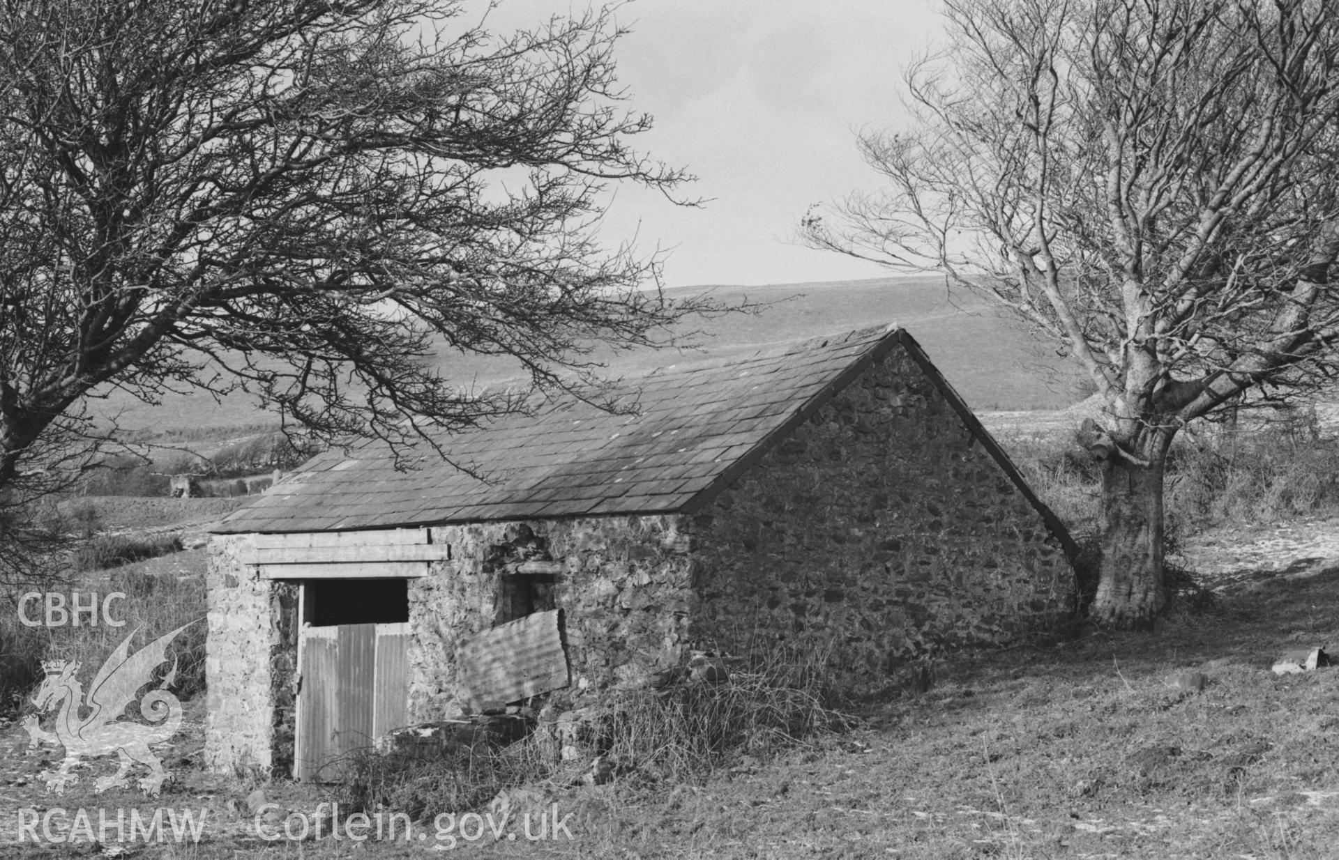 Digital copy of a black and white negative showing small building converted into a stable, 40m south south west of the ruins of Mine Cottage, Mynydd-Gorddu mine. Photographed by Arthur Chater on 29 December 1968. Grid Reference SN 6681 8602.