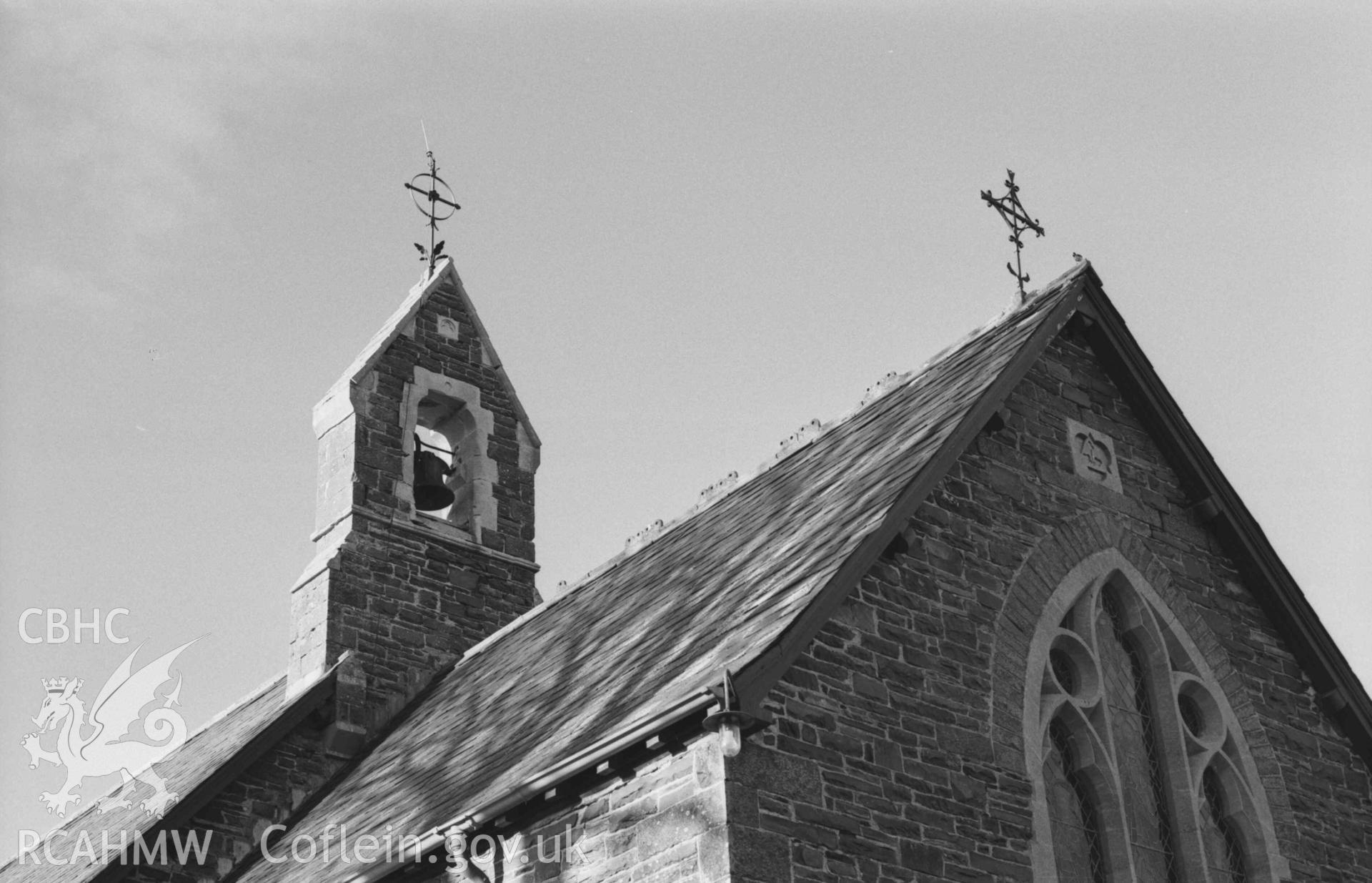 Digital copy of a black and white negative showing bell turret at the east end of St Ursula's church roof, Llangwyryfon. Photographed by Arthur Chater on 30 December 1968. Looking north west from Grid Reference SN 5964 7052.