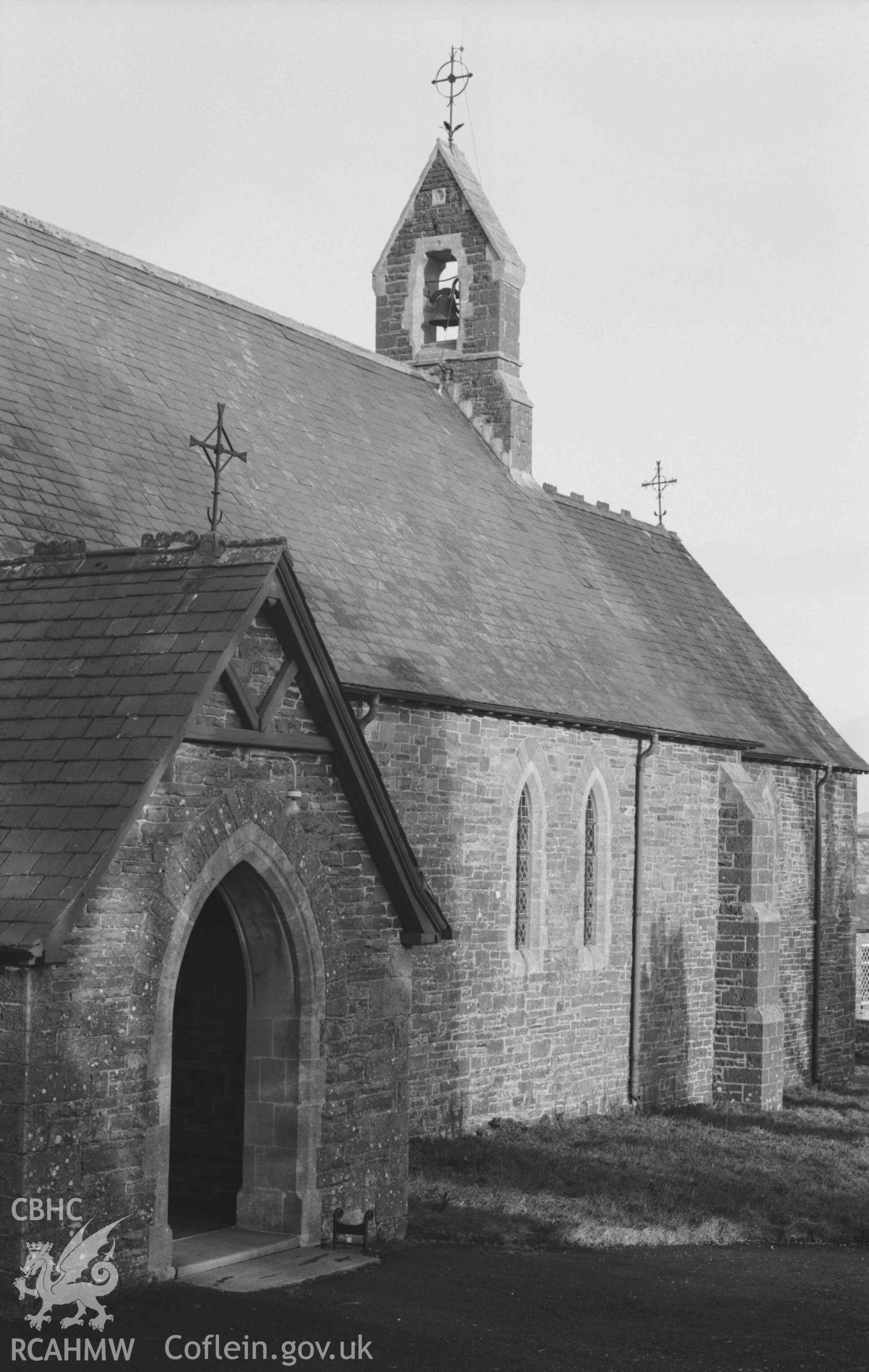 Digital copy of a black and white negative showing south side of St Ursula's church, Llangwyryfon. Photographed by Arthur Chater on 30 December 1968. Looking north east from Grid Reference SN 5960 7052.