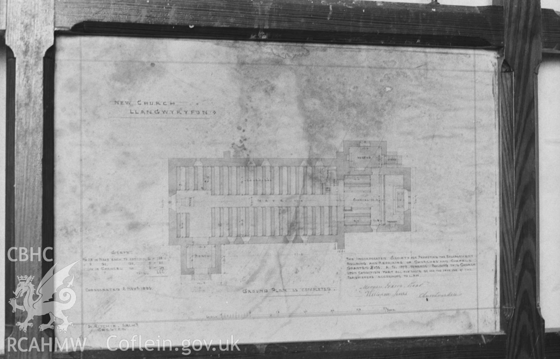 Digital copy of a black and white negative showing manuscript plan of the new St Ursula's church - "Ground plan as constructed … A. Ritchie Architect, Chester... Consecrated 2 November 1880." Framed and hanging in the vestry. Photographed by Arthur Chater on 30 December 1968. Grid Reference SN 5963 7053.