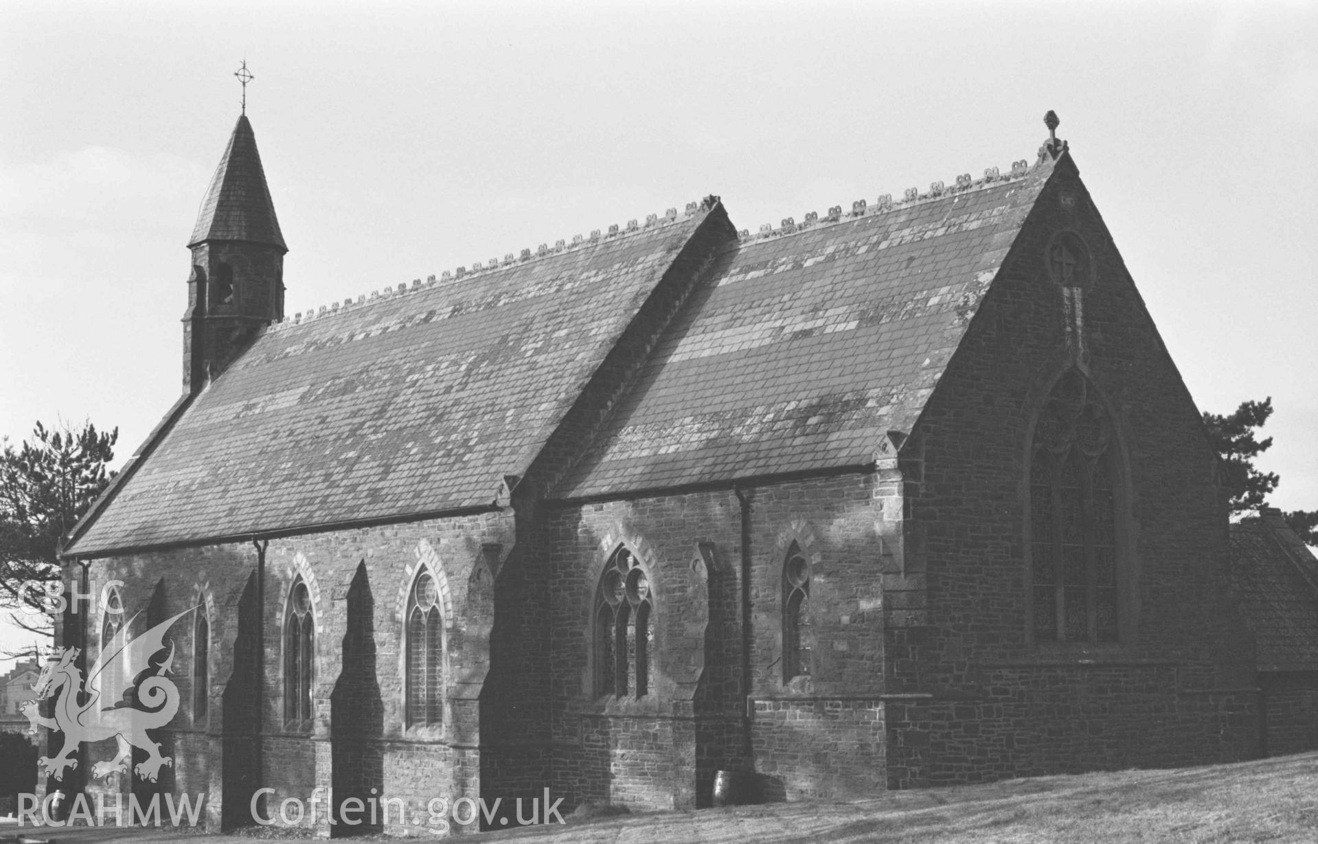 Digital copy of a black and white negative showing St Matthew's Parish Church, Borth. Photographed by Arthur Chater on 2 January 1969. Looking north west from Grid Reference SN 6122 8974.